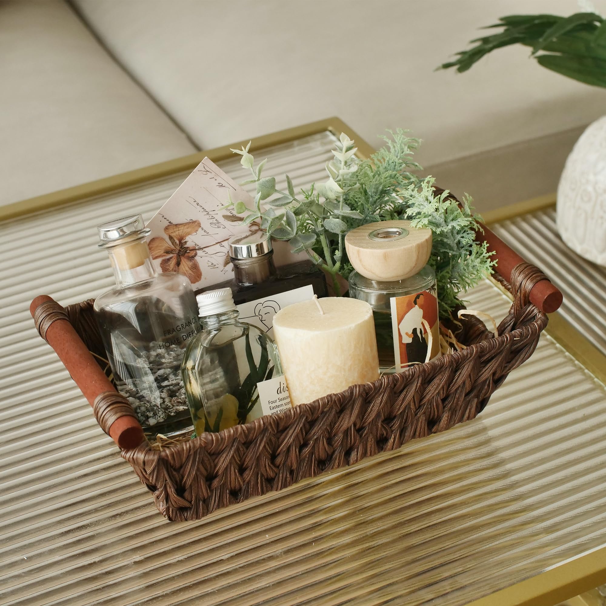 Waterproof Wicker Storage Baskets with Handles - 2-Pack Brown Woven Storage Bins for Pantry Organization, Home Decor & Laundry Room Storage | Durable & Stylish Home Storage Solution