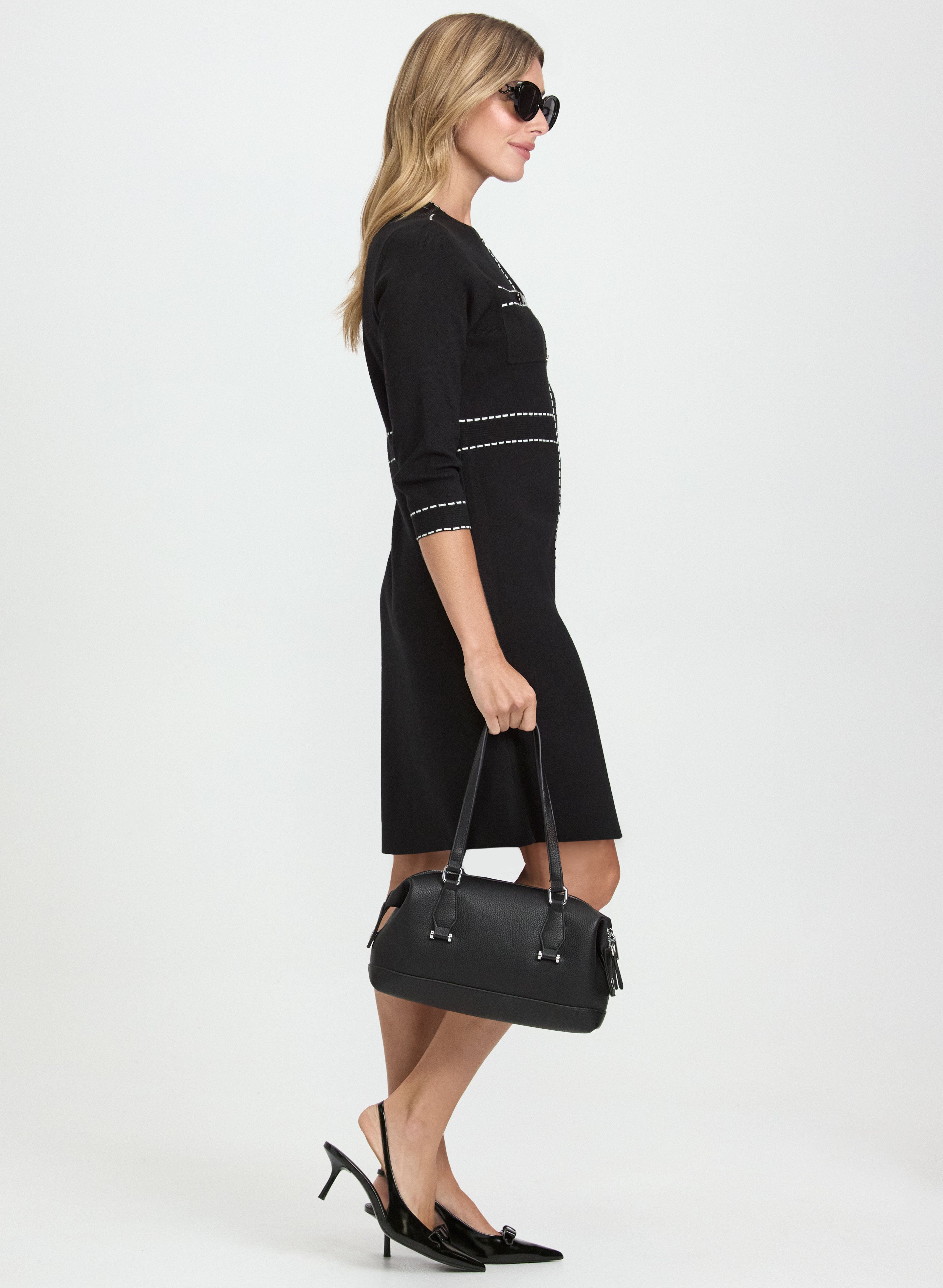 Women's Contrast Stitch Sweater Dress - Cozy Knit Pullover Tunic for Fall & Winter - Perfect for Office, Date Night & Casual Outings