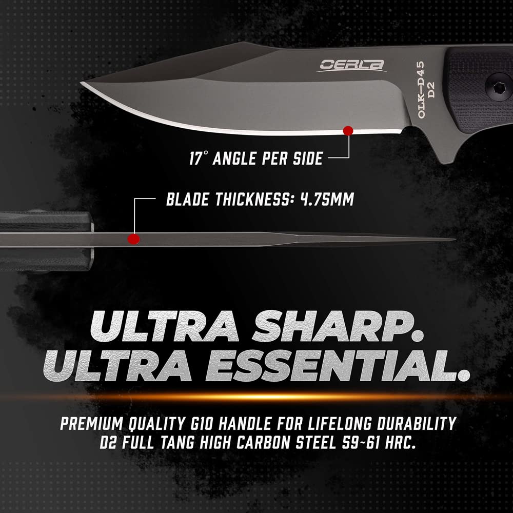 OERLA OLK-D45 Tactical Survival Knife - D2 High Carbon Steel Fixed Blade with Kydex Sheath | G10 Handle & Belt Clip | Outdoor Camping, Hunting, Bushcraft & EDC Tactical Gear