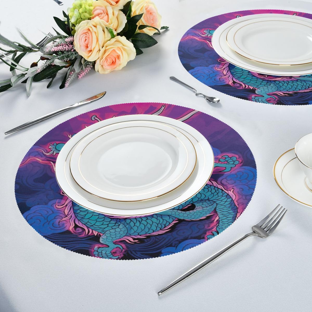 Premium Round Washable Placemats Set of 4 - Chinese Dragon Design Polyester Table Mats for Dining & Kitchen Decor | Perfect for Holiday Dinners, Family Gatherings & Restaurant Use