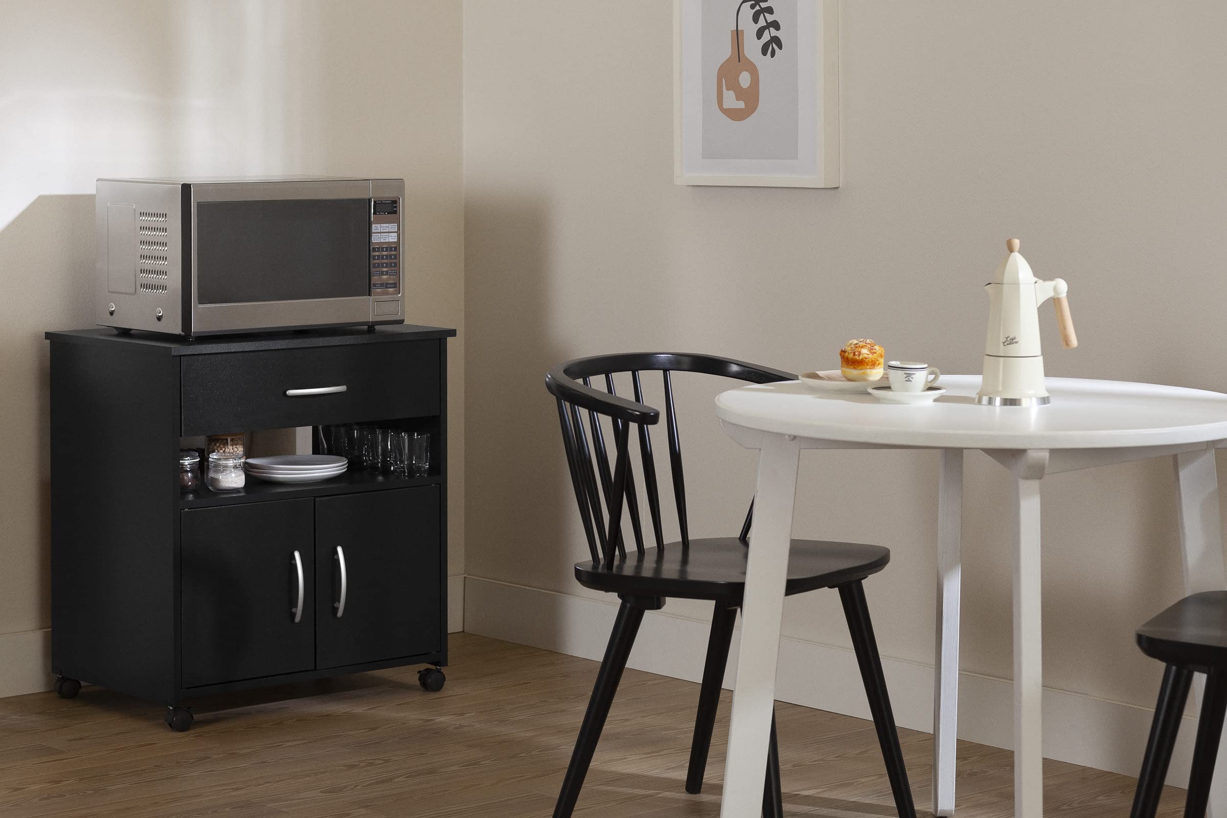South Shore Axess Microwave Cart on Wheels - Pure Black - Compact Rolling Kitchen Cart for Small Spaces, Dorm Rooms & Apartments - Perfect for Microwaves, Coffee Makers & Small Appliances