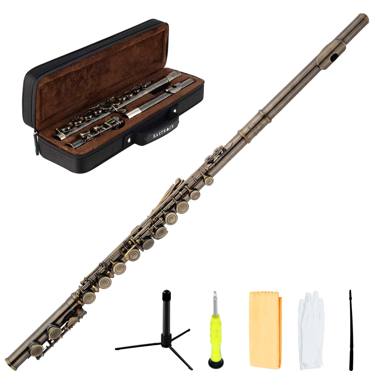 EASTROCK 16 Key Closed Hole C Flute for Beginners, Kids & Students - Antique Finish with Case, Stand & Cleaning Kit - Perfect for School Bands, Music Lessons & Home Practice