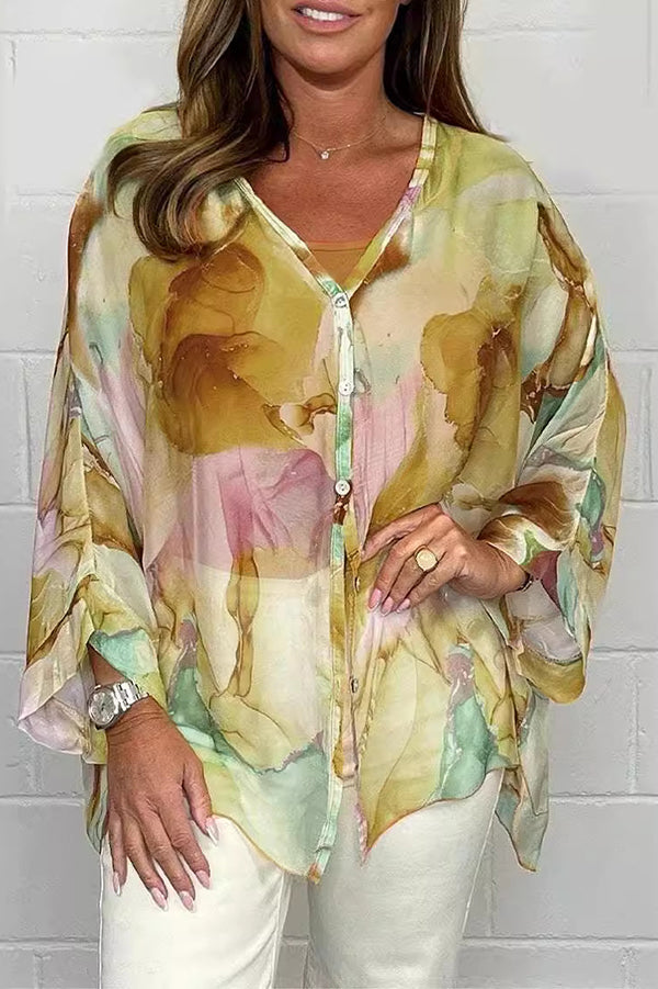 Unique Printed Long Sleeve V-Neck Chiffon Blouse - Elegant Loose Fit Tops for Women | Perfect for Office Wear, Casual Outings & Special Occasions