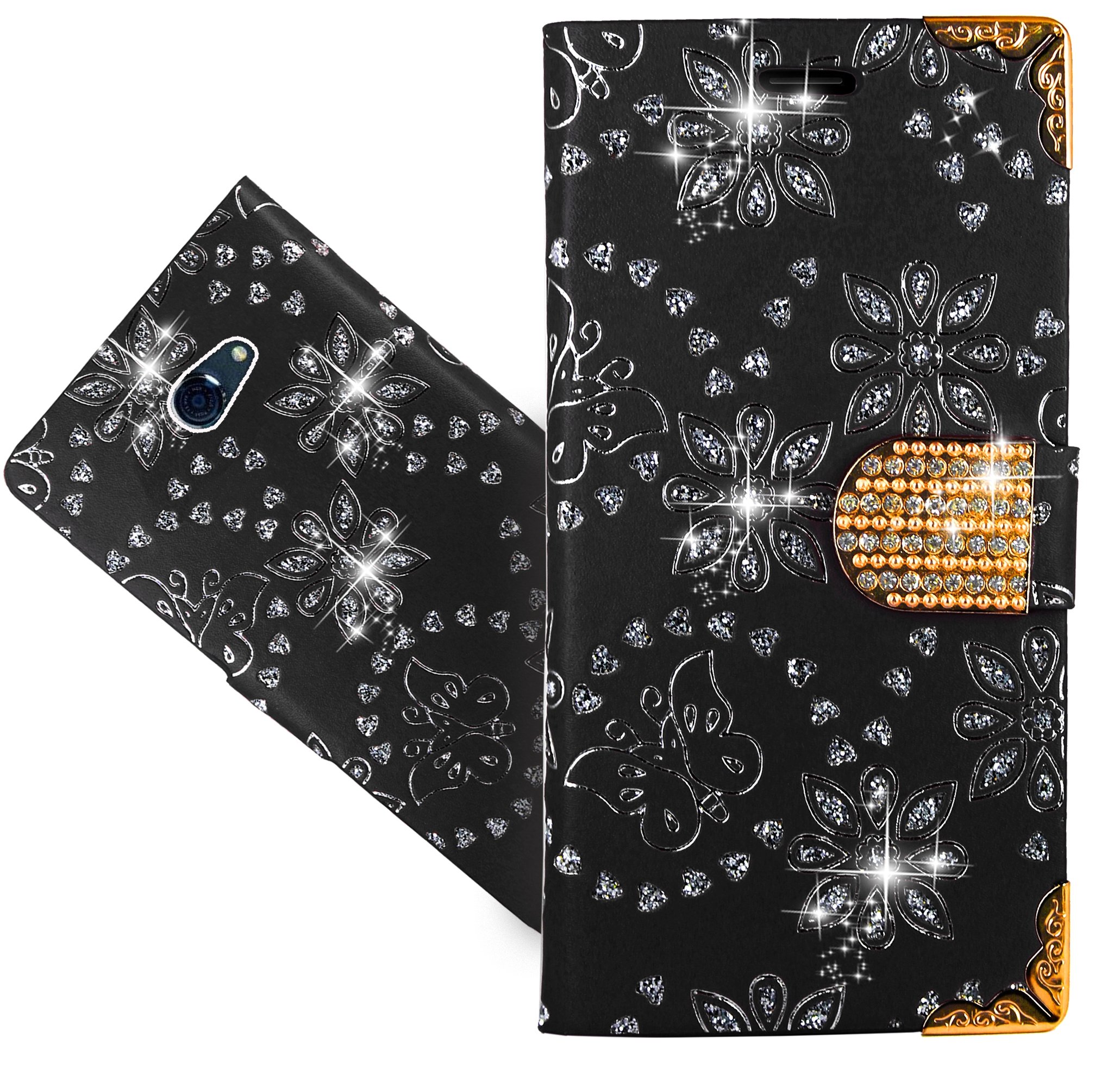 Foneexpert Vodafone Smart Ultra 7 Case - Bling Diamond Butterfly Flowers Leather Kickstand Flip Wallet Cover for Vodafone Smart Ultra 7 - Perfect for Work, Travel & Everyday Protection