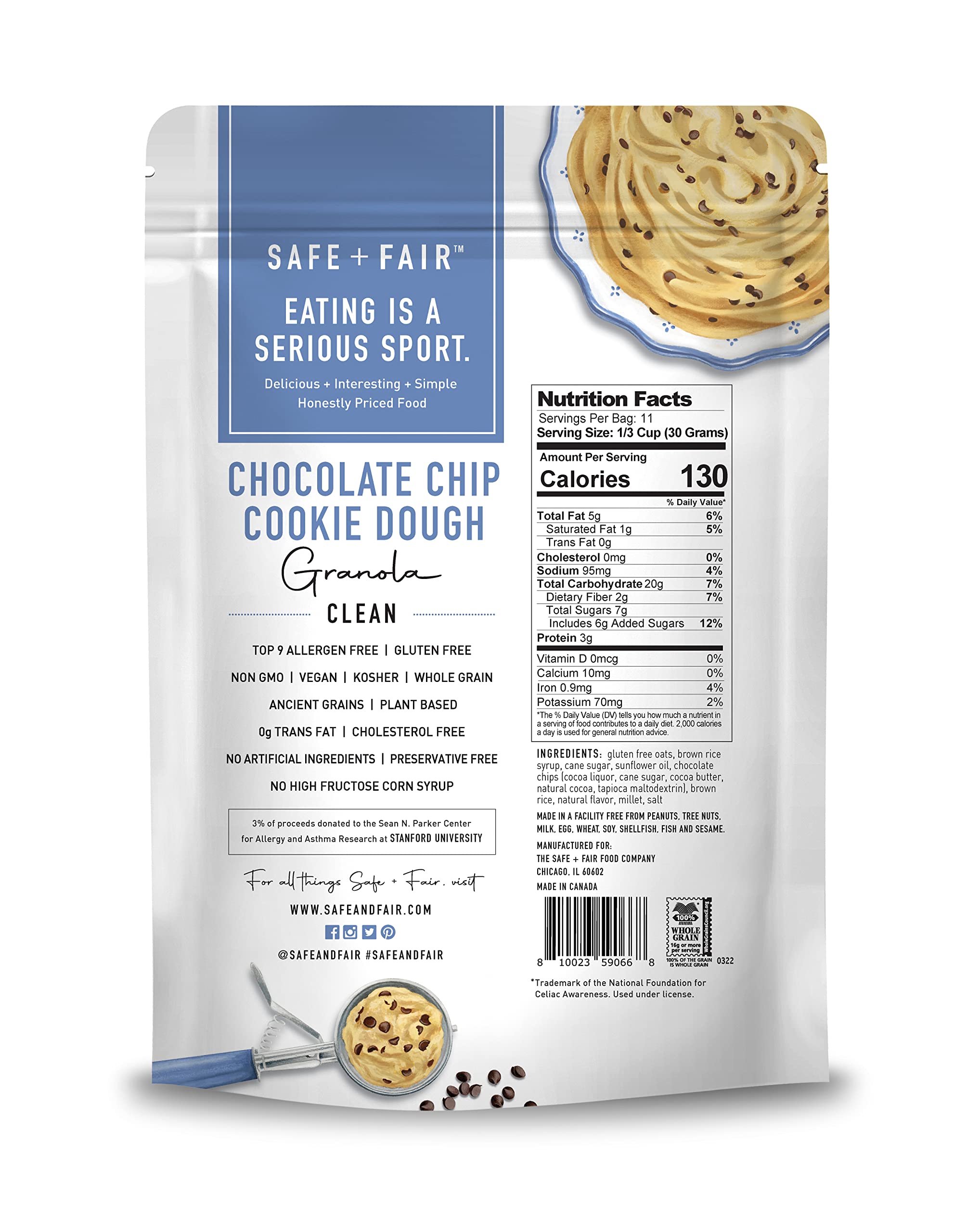Safe + Fair Chocolate Chip Cookie Dough Granola – Gluten-Free, Dairy-Free & Vegan Snack – Allergen-Free, Non-GMO, No Artificial Ingredients – 12oz Pack – Perfect for Breakfast, Hiking & Office Snacks
