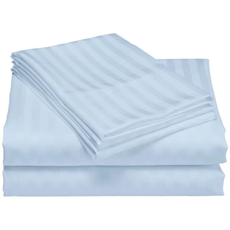Premium 4-Piece Twin Size Giza Egyptian Cotton Sheet Set - 18 Inch Deep Pocket Fitted Sheet, Flat Sheet & 2 Pillowcases - Light Blue Stripe - Luxury Bedding for Comfortable Sleep & Guest Room Upgrade
