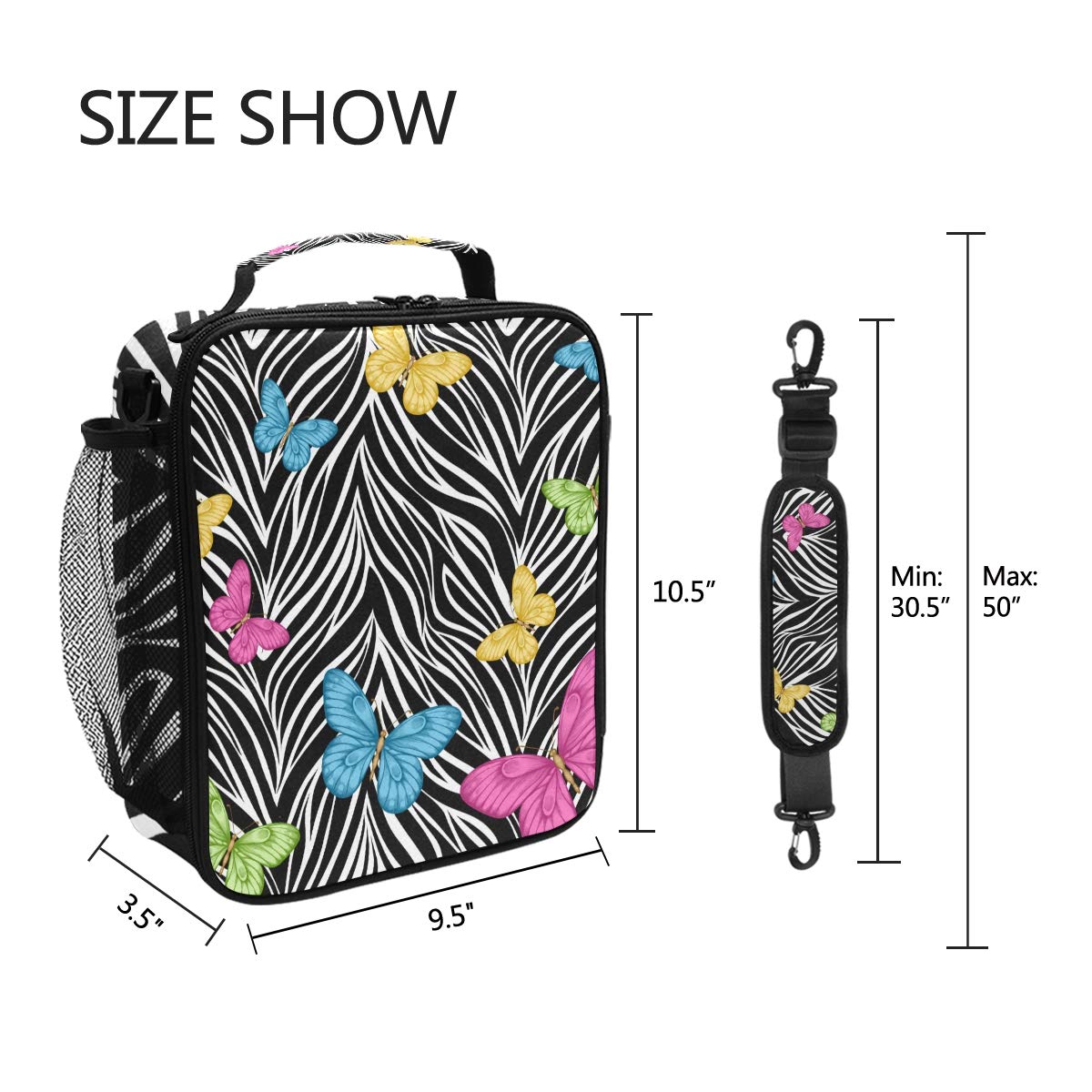 Zebra Print Insulated Lunch Bag with Shoulder Strap - Cute Butterfly Design Cooler Tote for Kids, Women & Men - Perfect for School, Work, Picnics & Outdoor Activities