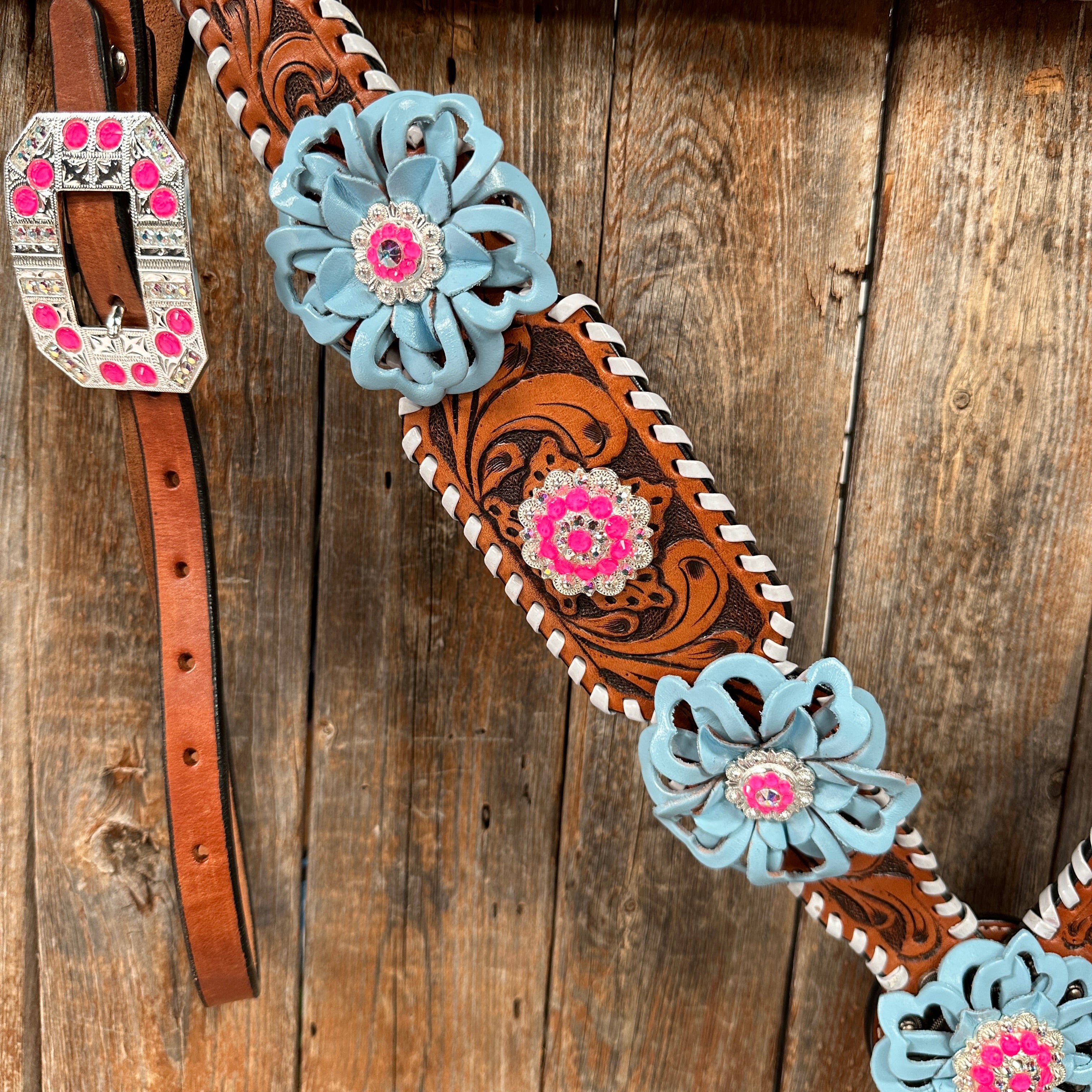 Light Oil Whipstitch Pink & Blue One Ear/Breastcollar Tack Set #OEBC575 - Premium Equestrian Gear for Western Riding & Horse Shows