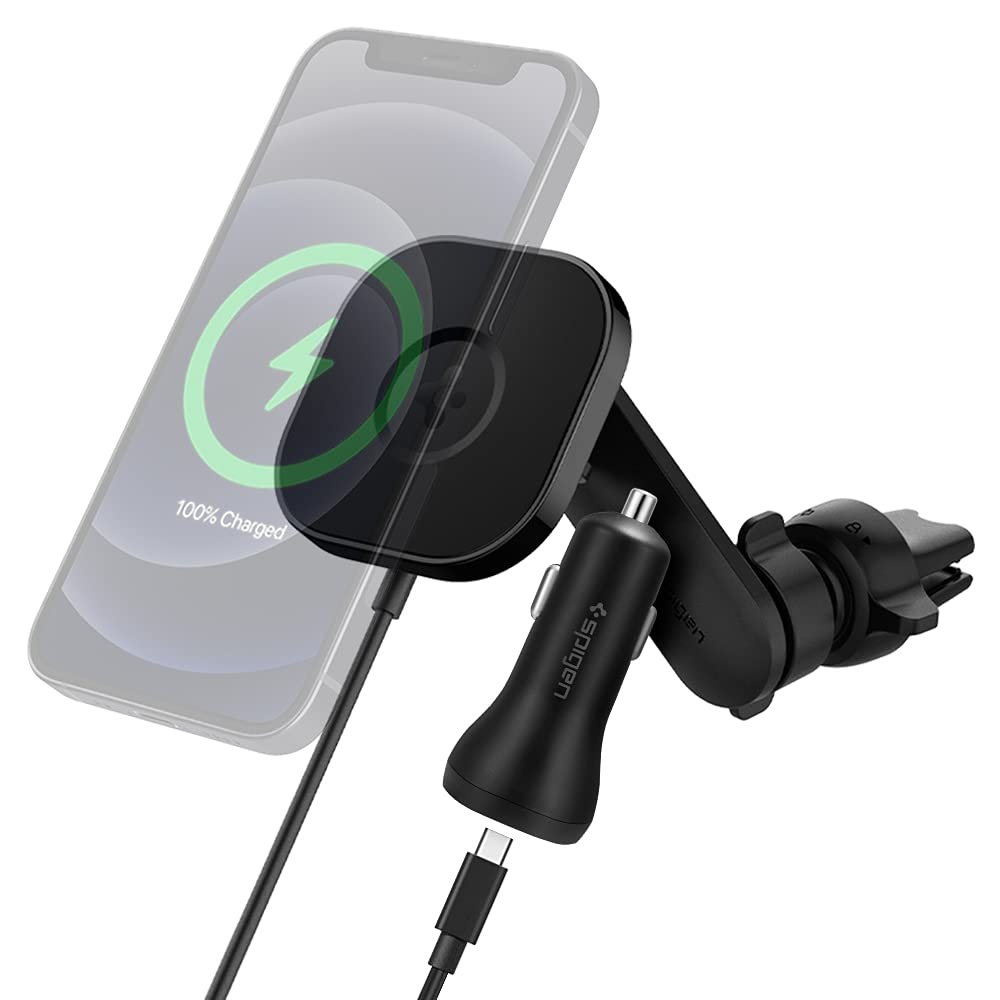 Spigen OneTap Pro Magsafe Wireless Car Charger with SteadiBoost 45W USB C Car Charger - Fast Charging for iPhone 14/13/12, Samsung Galaxy - Perfect for Road Trips & Commuting