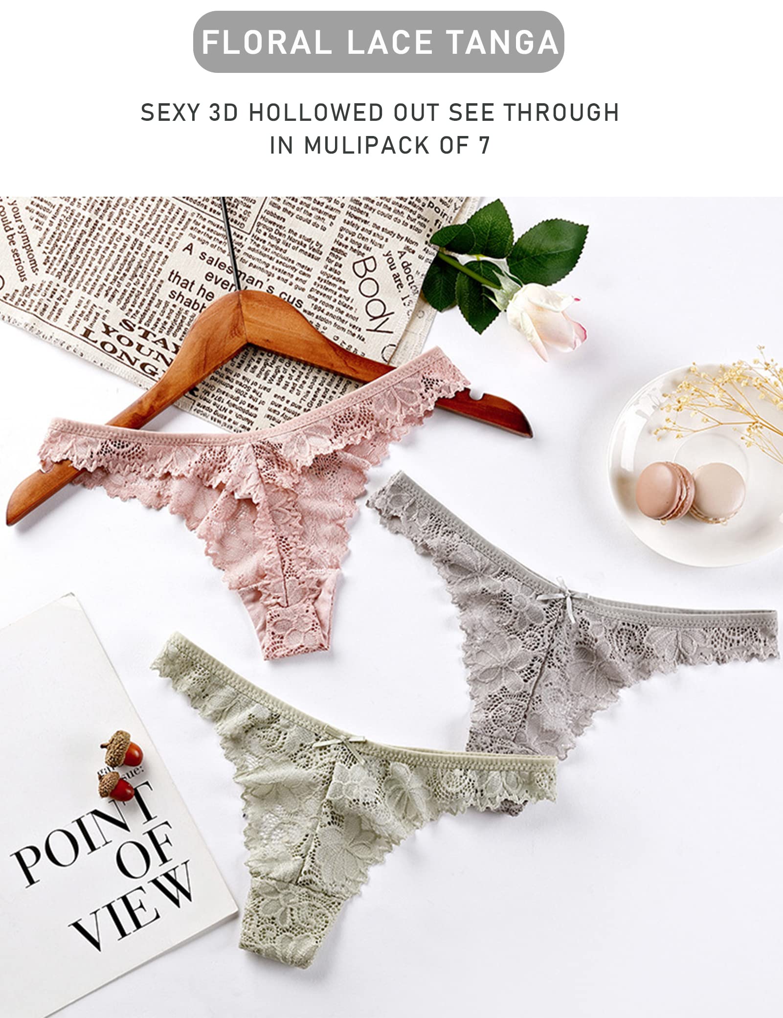 Kiench Teens Girls' Lace Thongs Underwear - Low Rise Comfortable Cotton Panties 7-Pack for Everyday Wear, Sleep & Special Occasions