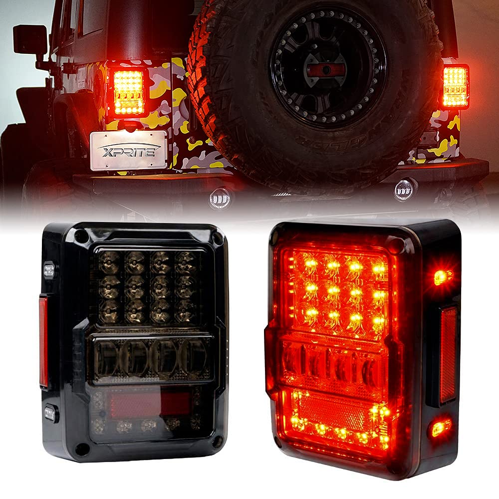 Xprite 4D Smoked LED Tail Lights for 2007-2018 Jeep Wrangler JK JKU Sahara/Rubicon/Sport - Plug & Play Rear Lights with Built-in Resistors (DOT Approved) - Parking, Brake, Turn Signal & Reverse Lights - Perfect for Off-Roading & Night Driving