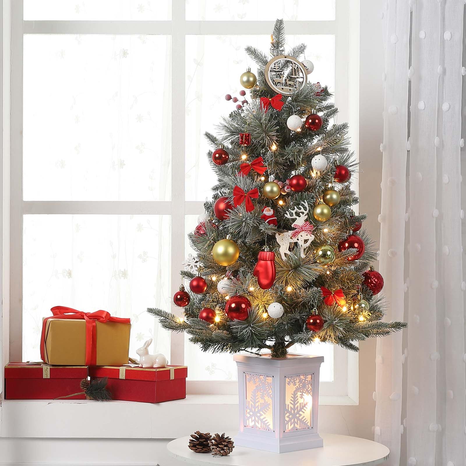 GARVEE 3FT Pre-Lit Artificial Snow Flocked Christmas Tree with Snowflake Light Box Base - 78 LED Lights, 8 Lighting Modes, Battery Operated - Perfect for Home, Office, Party & Holiday Decorations (Set of 2) - Ideal for Christmas Tree Decorations, Winter Wonderland Themes & Festive Centerpieces