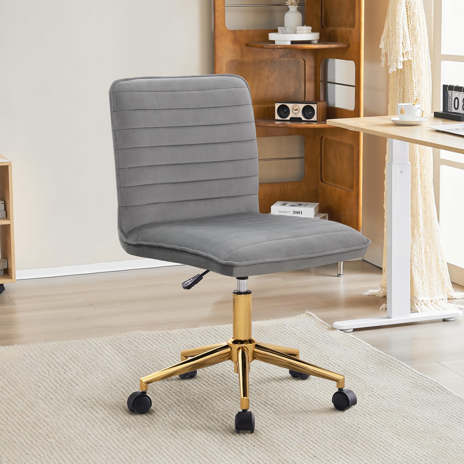 Furnimart Modern Armless Office Desk Chair - Adjustable Swivel Mid-Back Upholstered Chair for Home Office, Dorm Room & Vanity | Soft Velvet Seat (Grey) | Perfect for Teen Girls, Small Spaces & Workstations