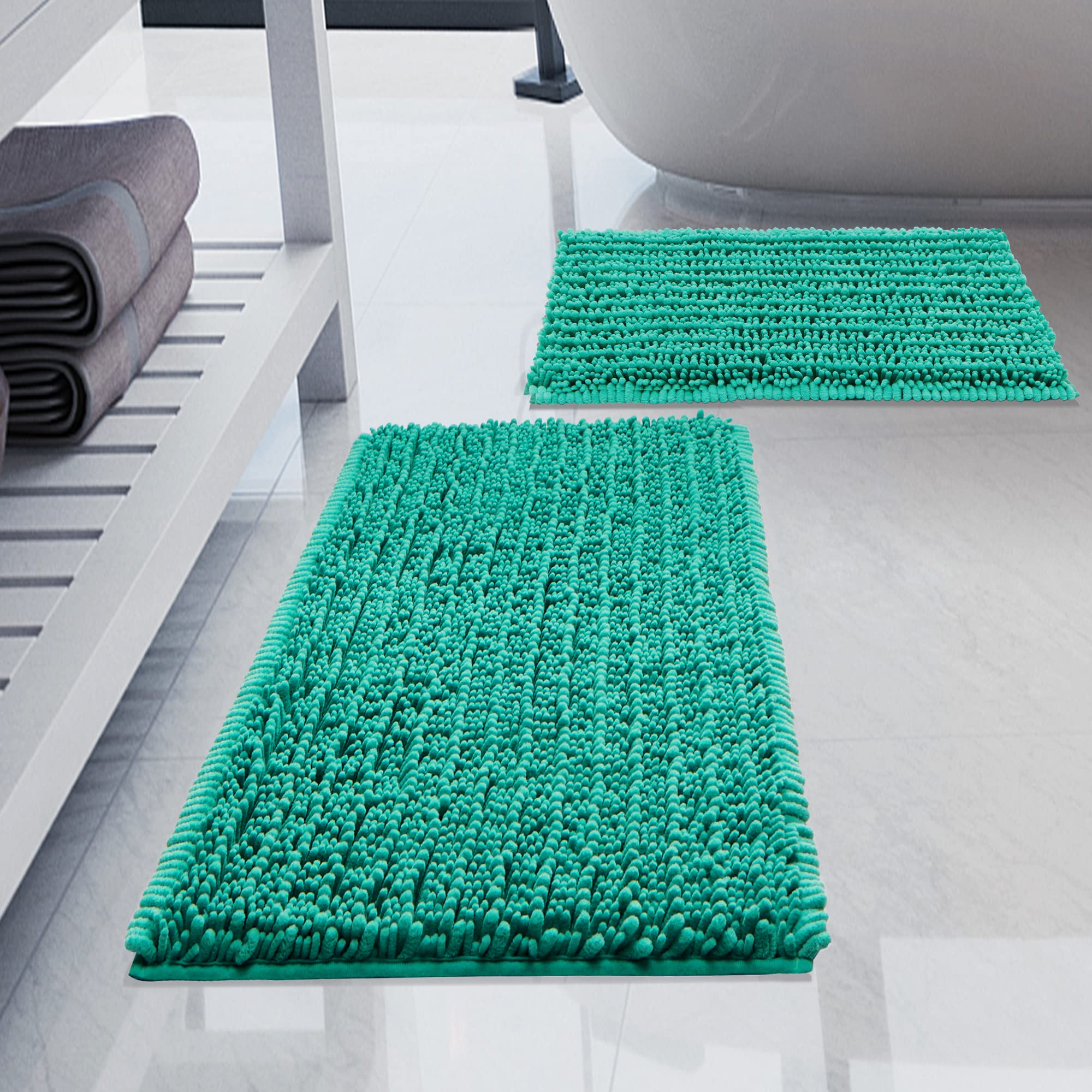 Luxury Chenille Turquoise Bathroom Rugs Set of 2 - Non-Slip Thickened Hot Melt Rubber Backing, Quick Dry & Machine Washable Bath Mats for Shower, Bathroom Floor - Soft & Cozy for Pets and Family Use