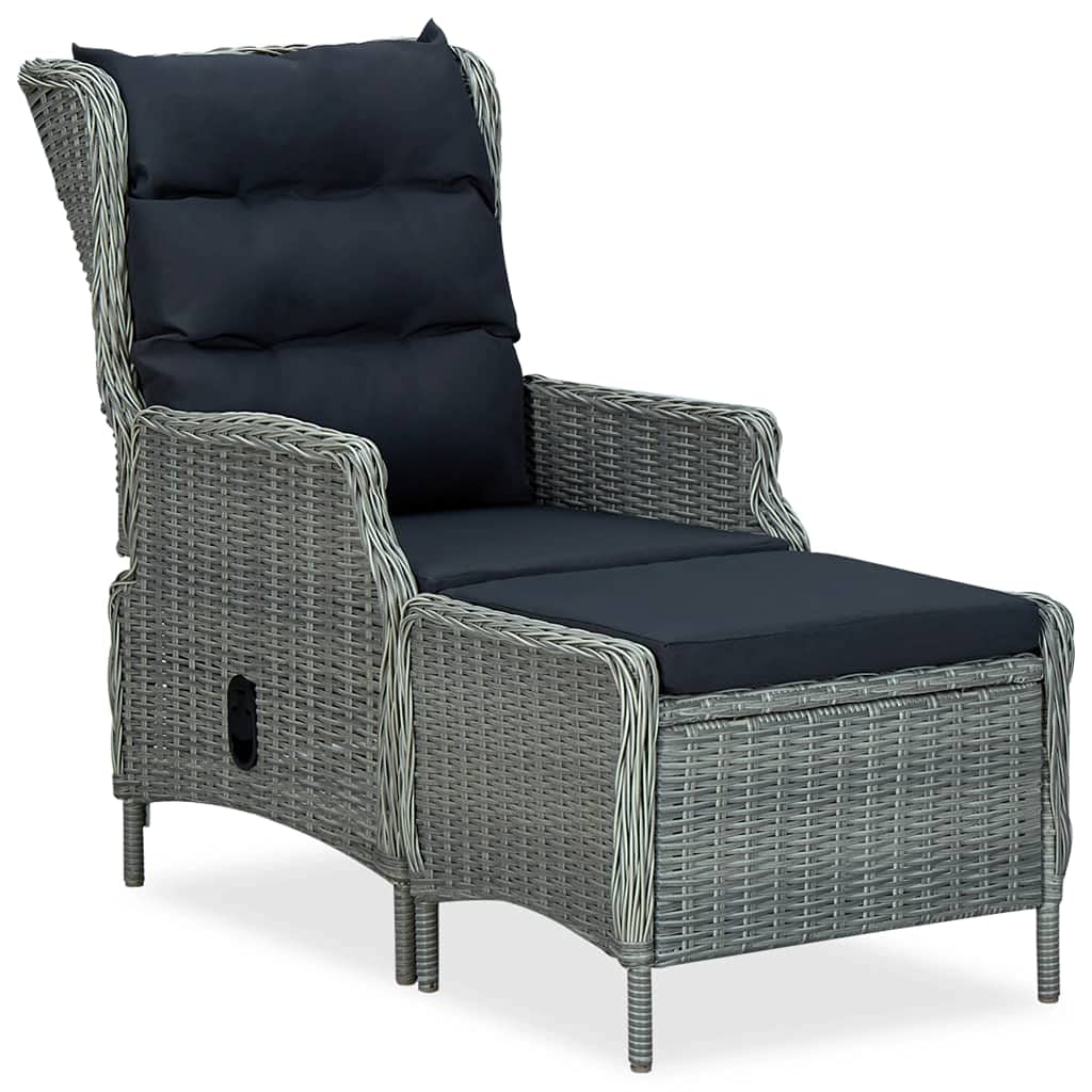 **Outdoor Reclining Garden Chair with Cushions & Footstool - Light Gray Poly Rattan Patio Furniture for Balcony, Terrace, and Backyard Relaxation**    (场景补充: Perfect for lounging, sunbathing, or enjoying a book in your garden, patio, or poolside area.)