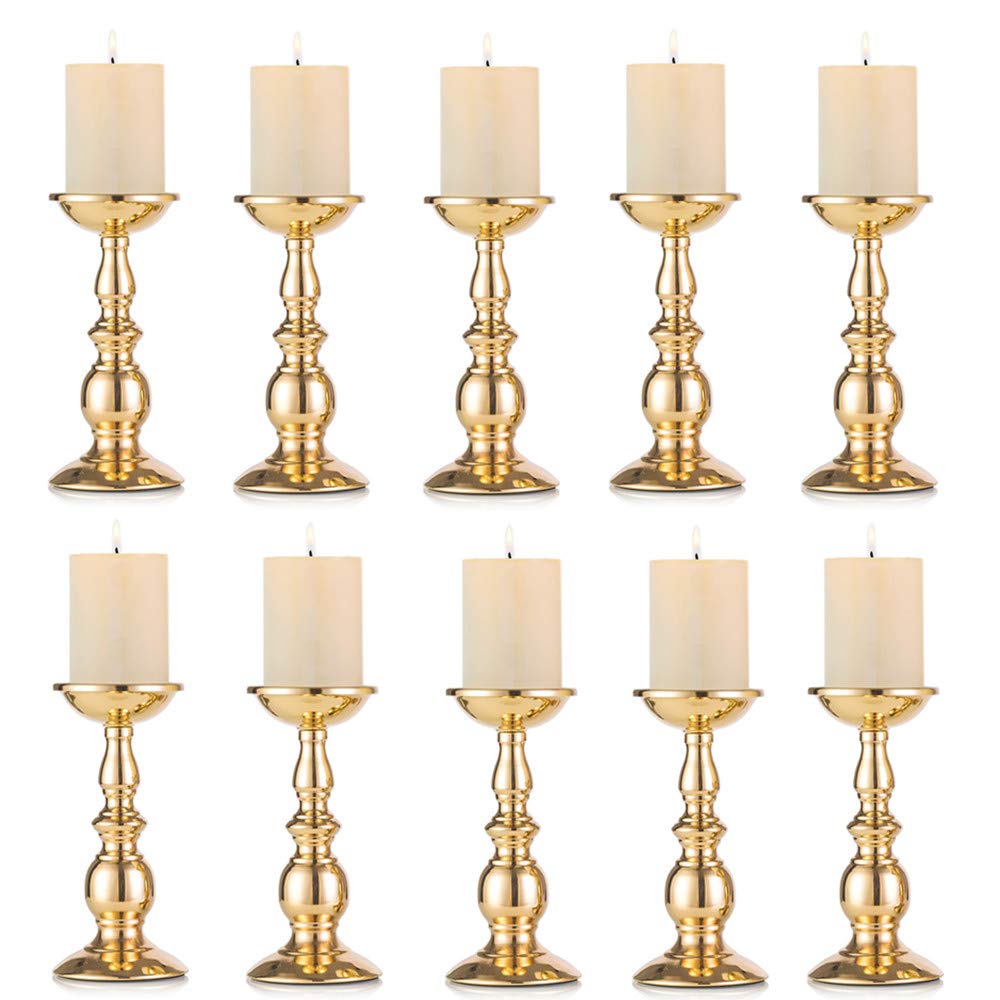 Elegant Nuptio Gold Metal Pillar Candle Holders - Set of 10 Tall Wedding Centerpieces for Special Events, Parties & Home Decor - Perfect for Wedding Receptions, Anniversary Celebrations & Living Room Ambiance