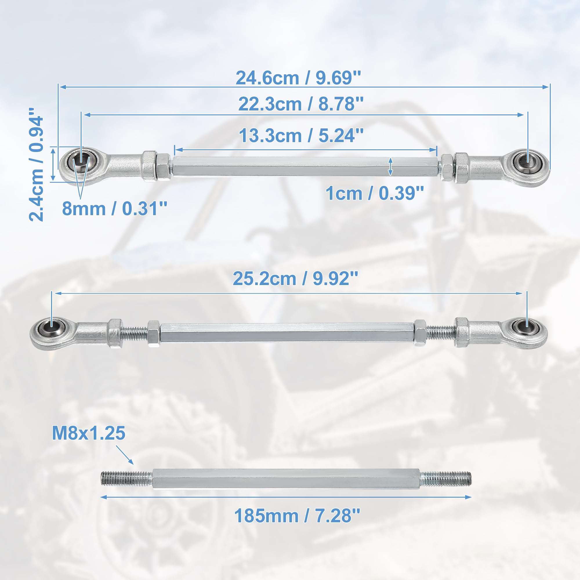 Motoforti 2pcs 185mm Adjustable Steering Tie Rod Ball Joint with 8mm Hole Diameter for 49cc Electric ATV & Go Kart - Silver Tone | Perfect for Steering Column & Suspension Upgrades | Ideal for Off-Roading, Racing & DIY Kart Maintenance