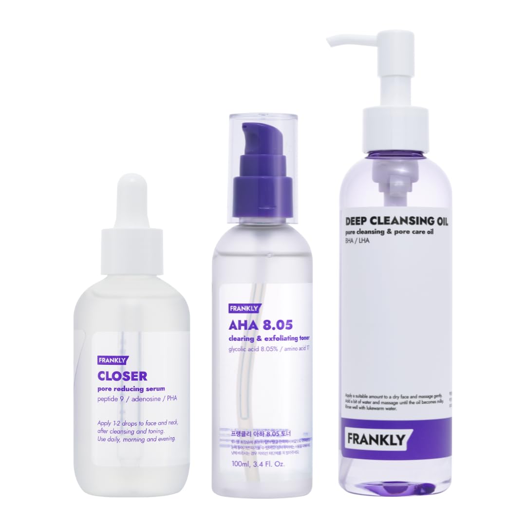 Frankly Ultimate Pore Care Set Mega Jumbo - Deep Cleansing Oil, Closer Serum, AHA 8.05% Toner | BHA & LHA Pore Purifying Cleanser, Peptide Serum | Vegan, Cruelty-Free Skincare for Oily & Acne-Prone Skin | Perfect for Daily Face Cleansing & Pore Minimizing Routine