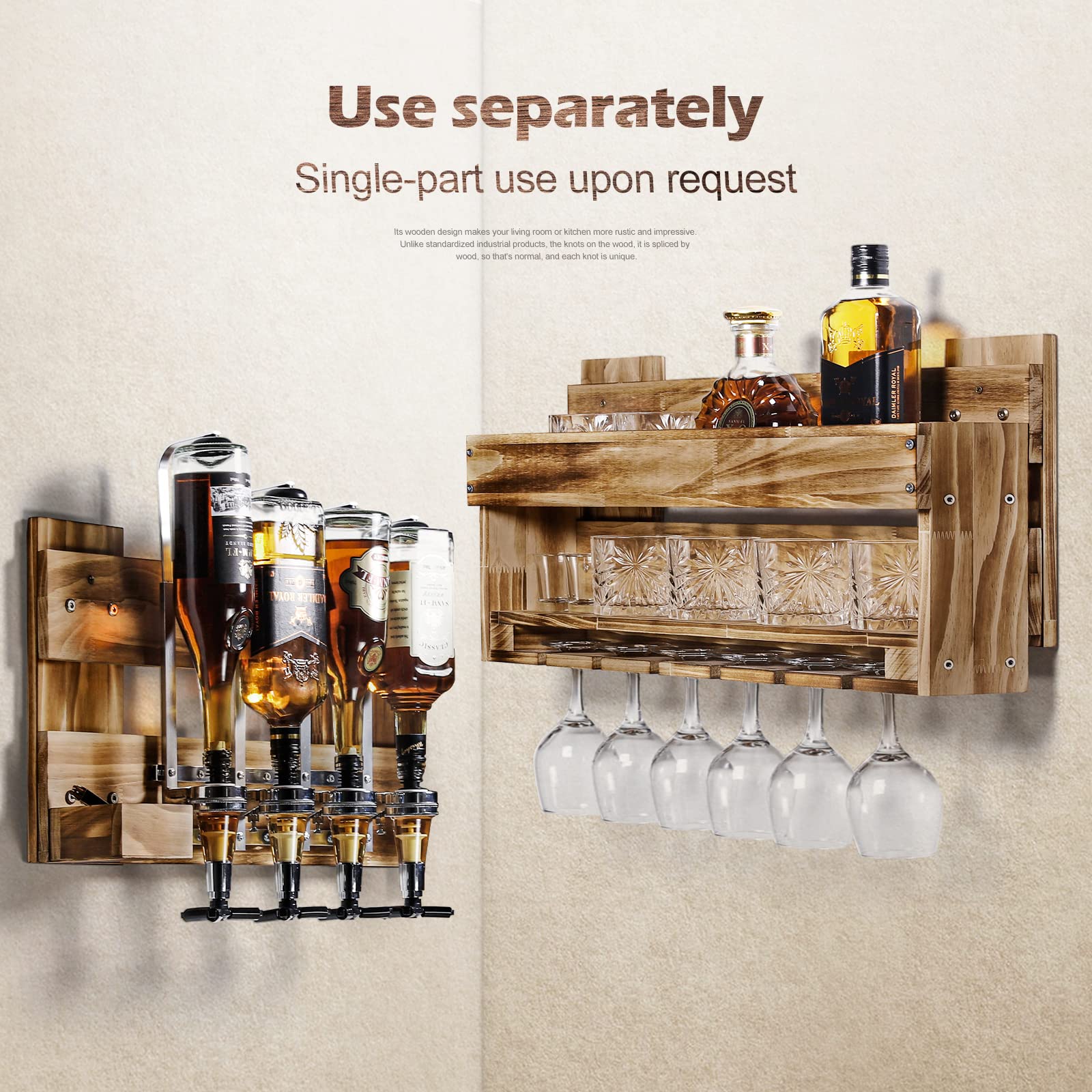 Wall Mounted Wood Wine Rack with Bottle & Stemware Holder - Rustic Whiskey Display Storage for 4 Bottles - Perfect for Home Bar, Kitchen Decor & Entertaining Guests (Regular Without LED)