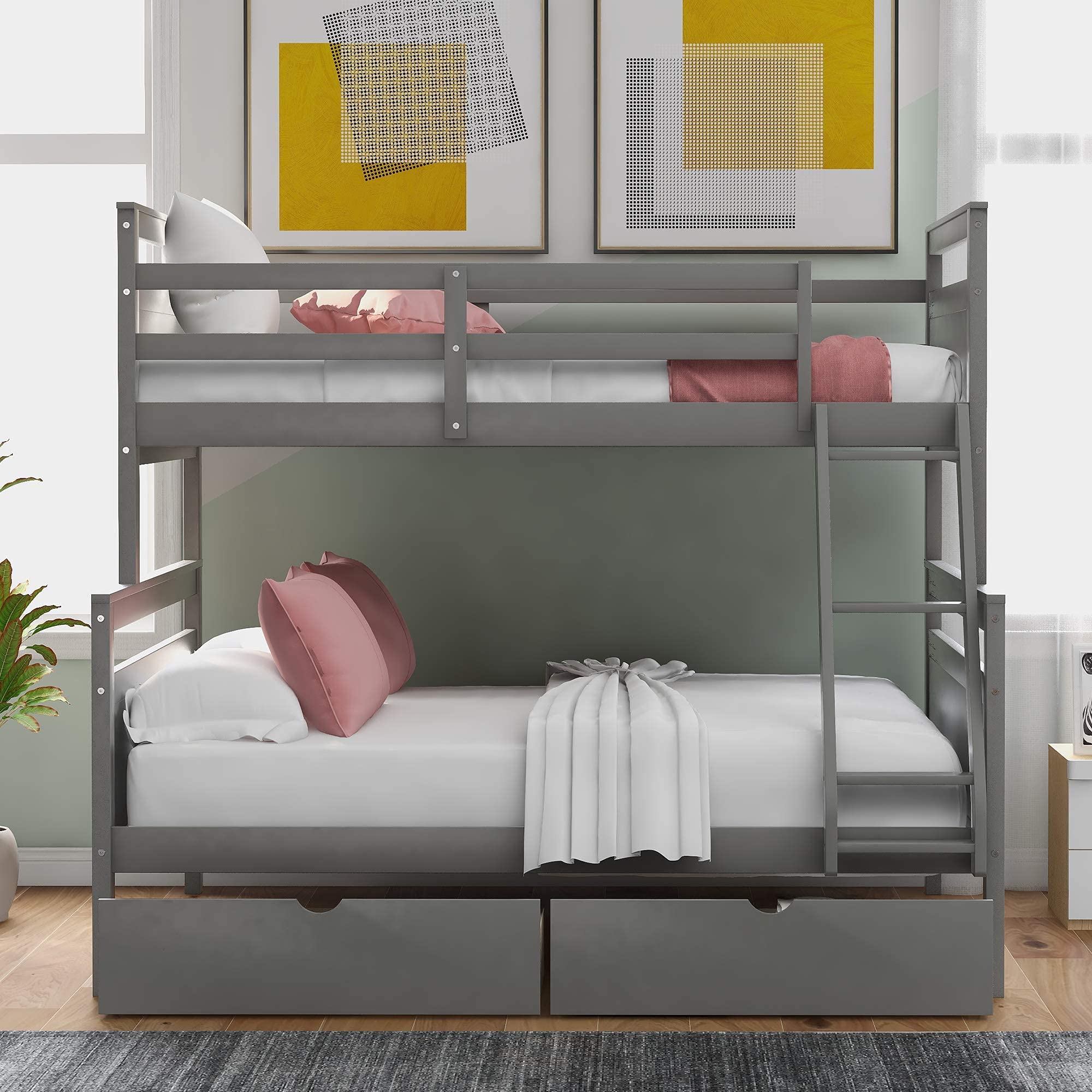 SOFTSEA Twin Over Full Bunk Beds with Storage Drawers & High Safety Guardrails - Space-Saving Kids Bedroom Furniture, No Box Spring Required (Gray) - Perfect for Small Rooms, Shared Kids' Bedrooms & Sleepovers