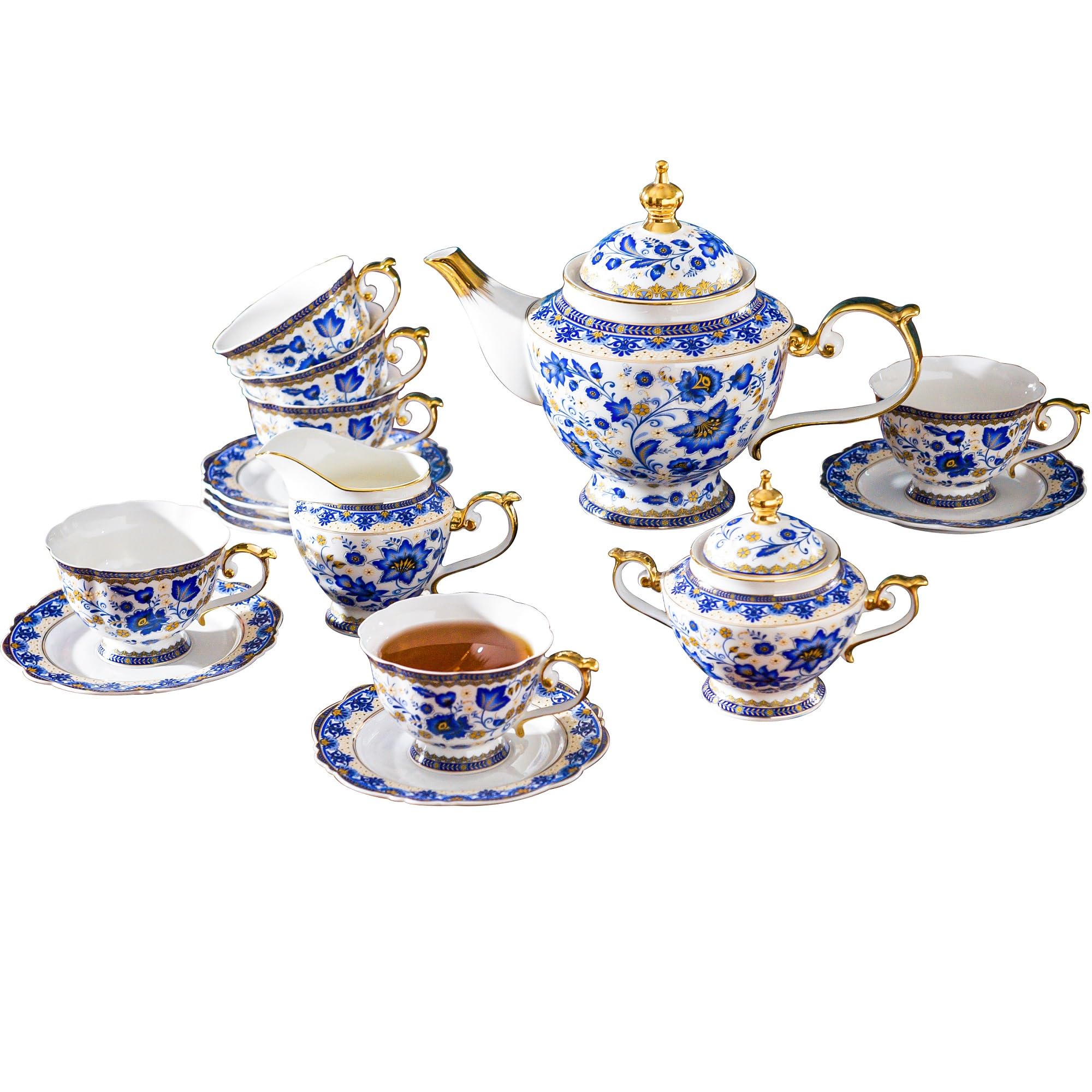ACMLIFE 6-Piece Blue and White Bone China Tea Set - Vintage Floral Design for Adults, Perfect for Women's Tea Parties, Bridal Showers & Elegant Gift Giving - Ideal for Afternoon Tea, Special Occasions & Home Decor