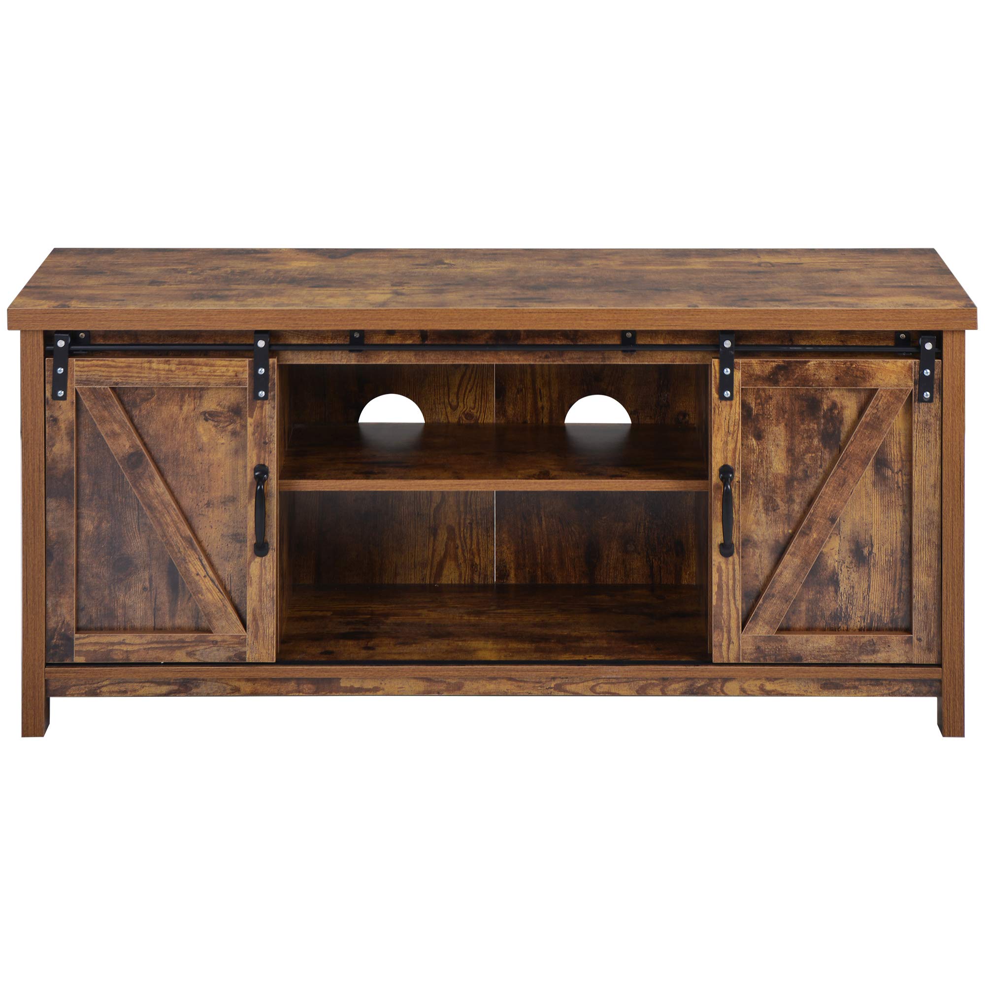 Farmhouse Wood TV Stand with Double Sliding Barn Doors & Open Shelves - Rustic Entertainment Center & Storage Cabinet for Living Room, Bedroom, or Home Office | Perfect for Organizing Media & Displaying Decor (Yellow+1)