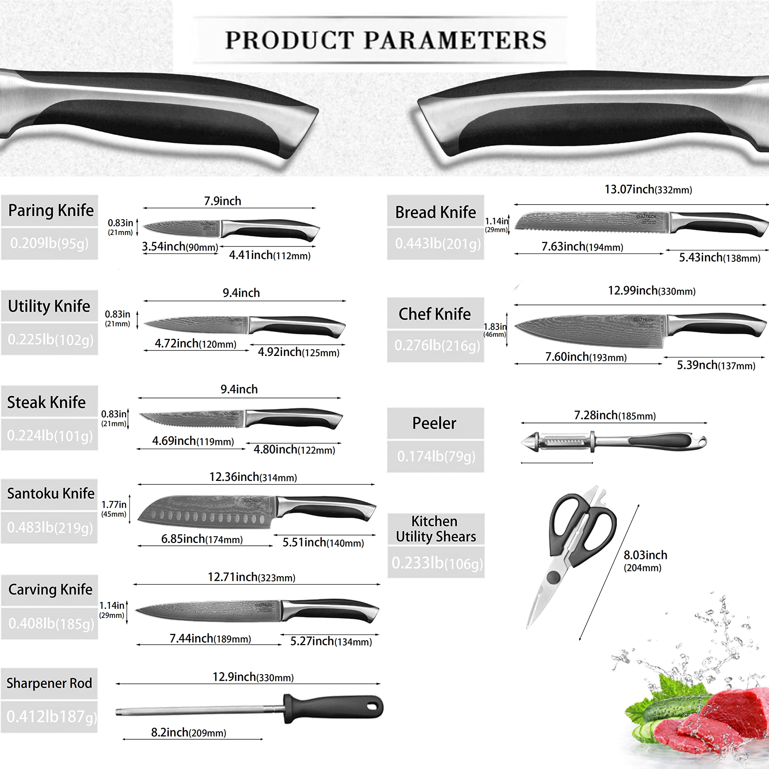 Premium 10+3 Piece Damascus Steel Kitchen Knife Set with Scissors, Peeler & Sharpener - Includes Acrylic Holder for Home Chefs & Professional Cooking Enthusiasts - Perfect for Slicing, Dicing, Chopping & Food Prep in Modern Kitchens