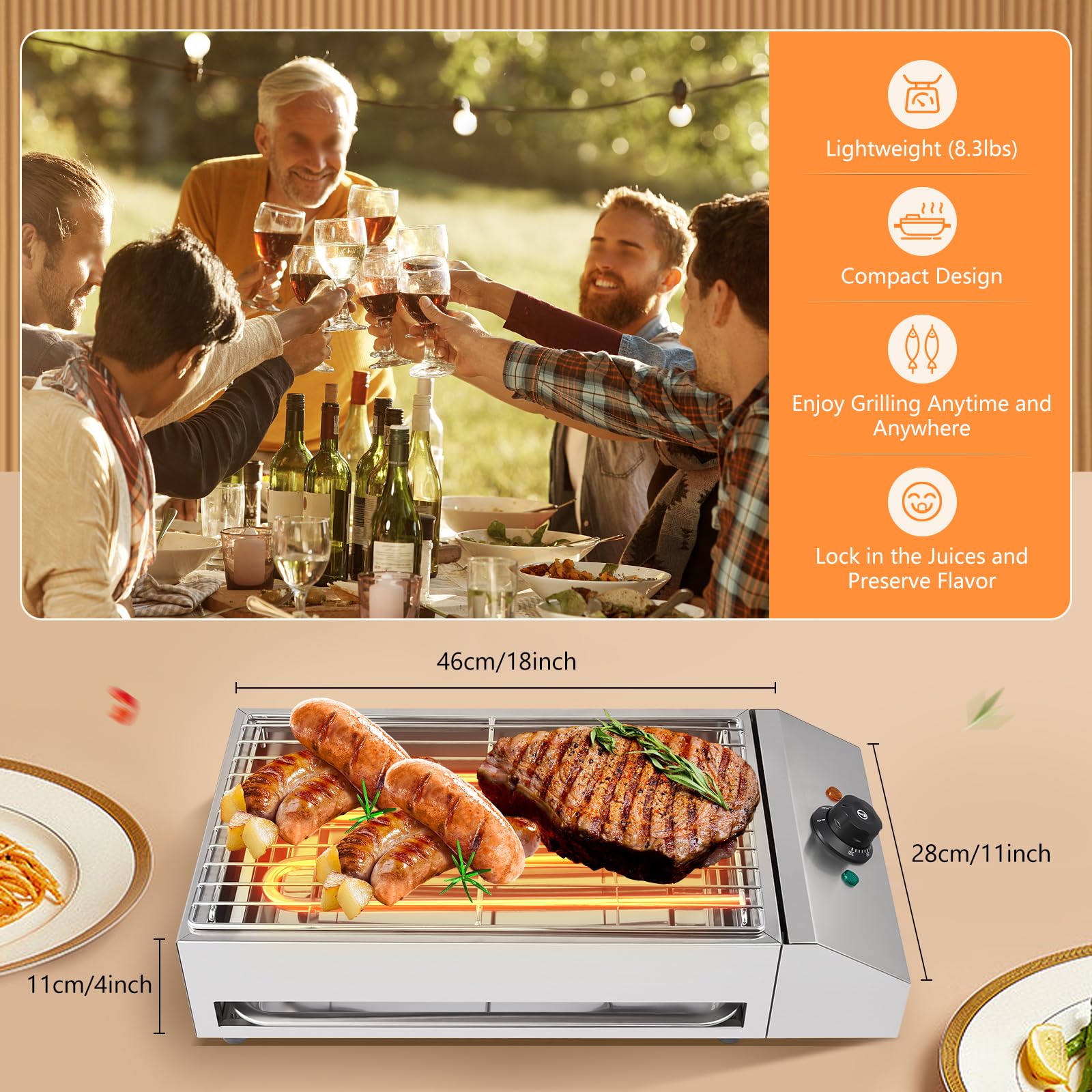 Smokeless Electric Indoor Grill with Removable Grill Plate & Oil Drip Tray - Adjustable Temperature 50-300℃/122-572℉ - Perfect for Healthy Cooking, BBQ, Steak, Burgers & Family Gatherings