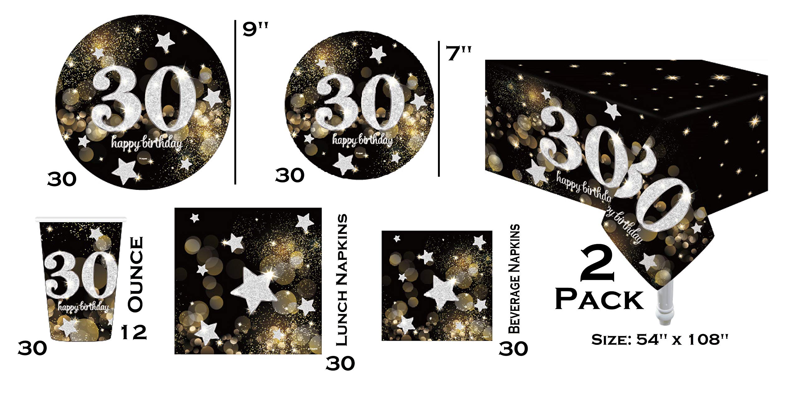 30th Birthday Party Supplies Set - 9 Inch Dinner Plates, 7 Inch Dessert Plates, 12oz Cups & 3-Ply Napkins with Swirl Design - Includes Cake Topper & Number 30 Candle - Perfect for Milestone Celebrations, Anniversary Parties & Special Occasions