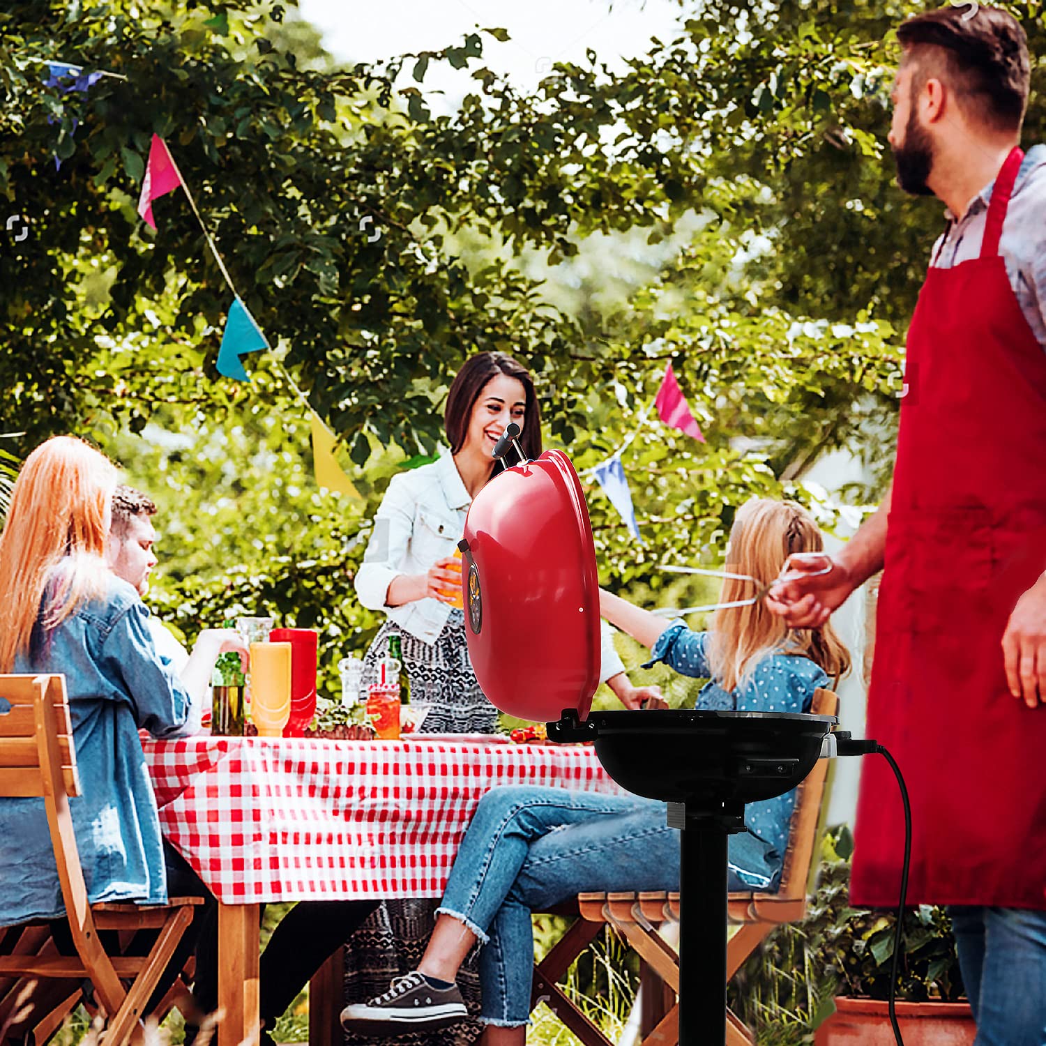 Techwood 1600W Electric BBQ Grill - 15-Serving Indoor/Outdoor Grill with Double Layer Design & Portable Stand (Red) - Perfect for Backyard Parties, Camping, and Apartment Balcony Cooking