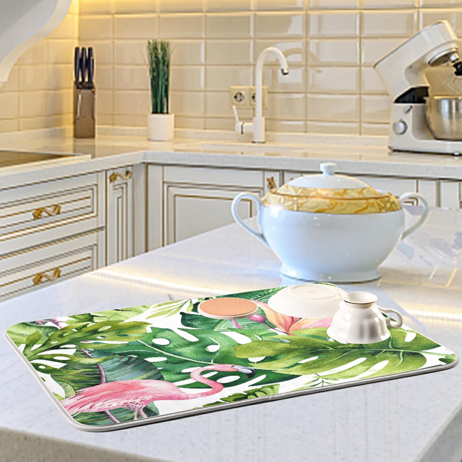 Floral Dish Drying Mat - 18x24 Inch Absorbent Microfiber Kitchen Counter Mat | Washable & Quick-Drying Dish Rack Pad | Perfect for Drying Dishes, Utensils & Cookware | Ideal for Countertops, Sinks & Kitchen Islands