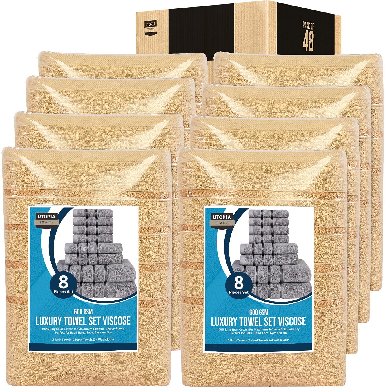 Premium Luxury Bath Towel Set - 600 GSM Ring Spun Cotton & Viscose Stripe - Ultra Absorbent Soft Towels for Spa, Hotel & Home Use - 48-Piece Beige Collection