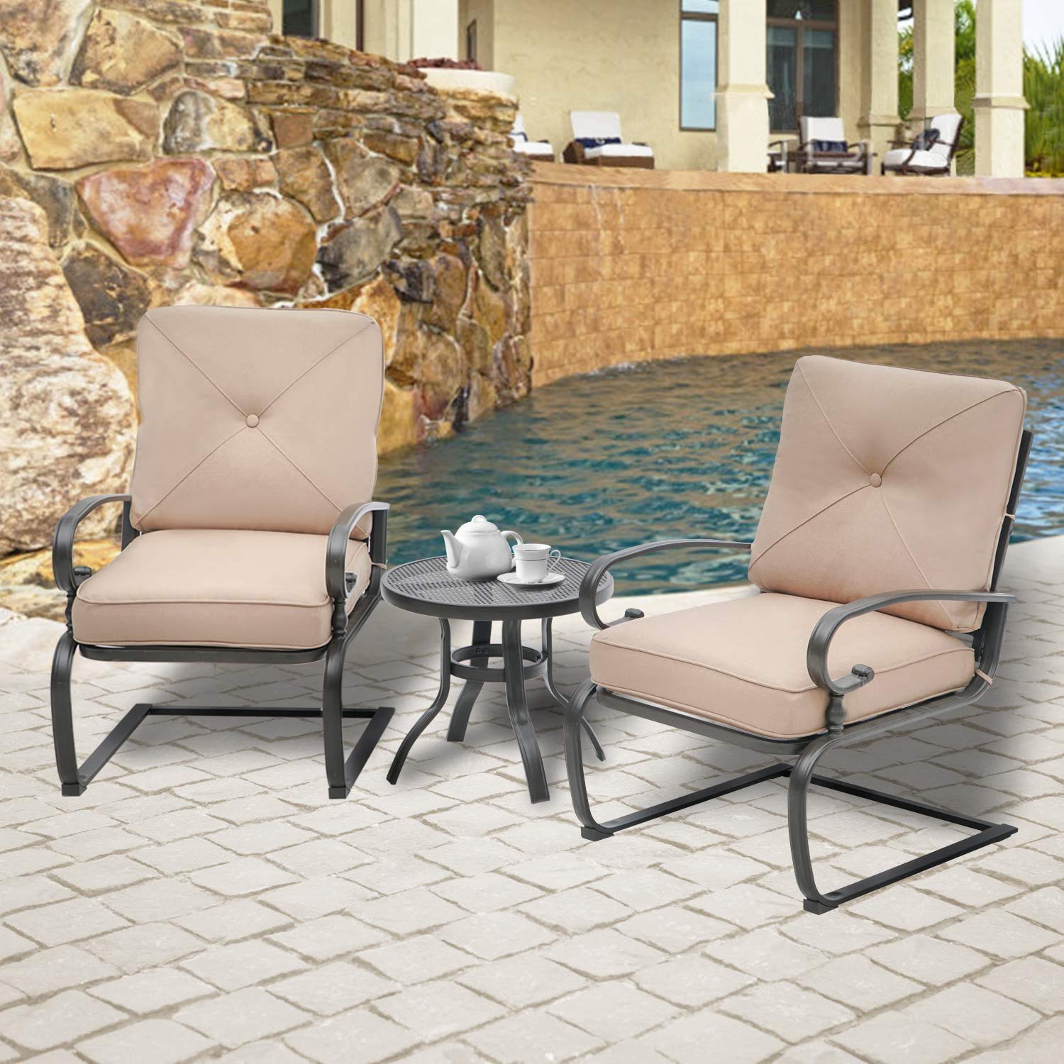 3-Piece Outdoor Patio Bistro Set with Spring Motion Metal Lounge Chairs & Round Table - Brown Washable Cushion Conversation Set for Garden, Poolside or Backyard Relaxation