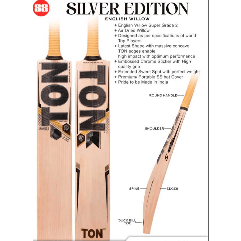 Premium SS Ton Silver Edition Cricket Bat for Adults - High Performance Cricket Equipment for Professional Matches & Training Sessions