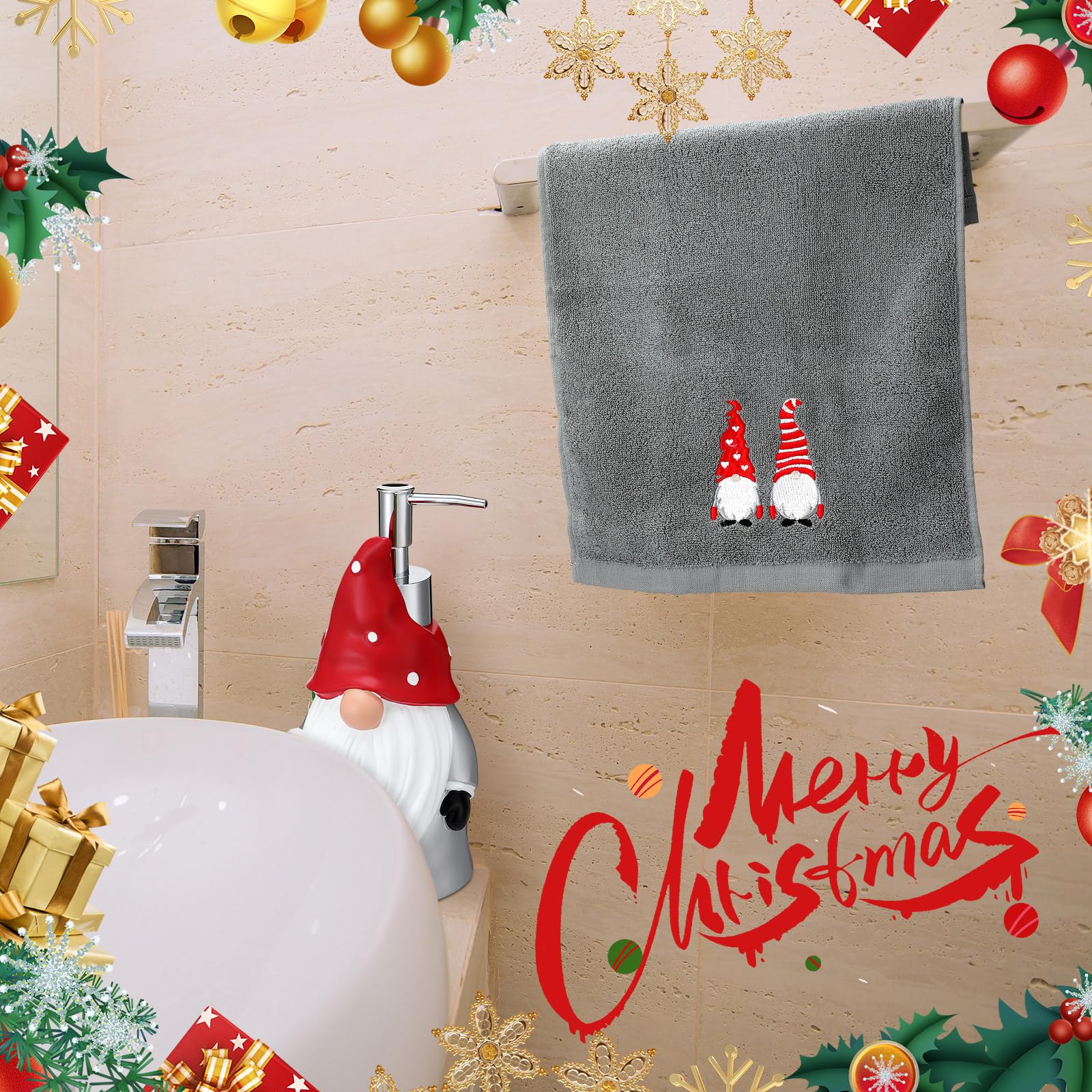 Christmas Soap Dispenser & Towel Set - 4pc Bathroom Decor (Red/White Gnome) for Holiday Home