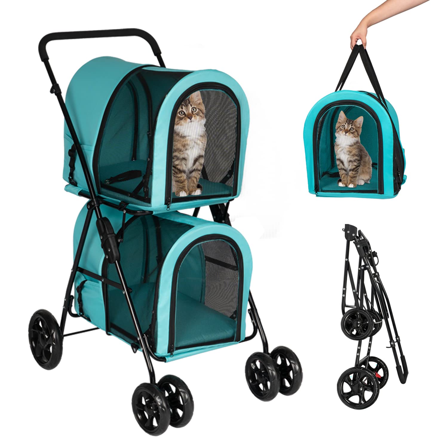 Kinsuite Foldable Cat Carrier & Pet Stroller - Lightweight 2-Wheel Travel Carrier for Small Dogs & Cats (Blue) - Perfect for Vet Visits, Air Travel & Outdoor Adventures