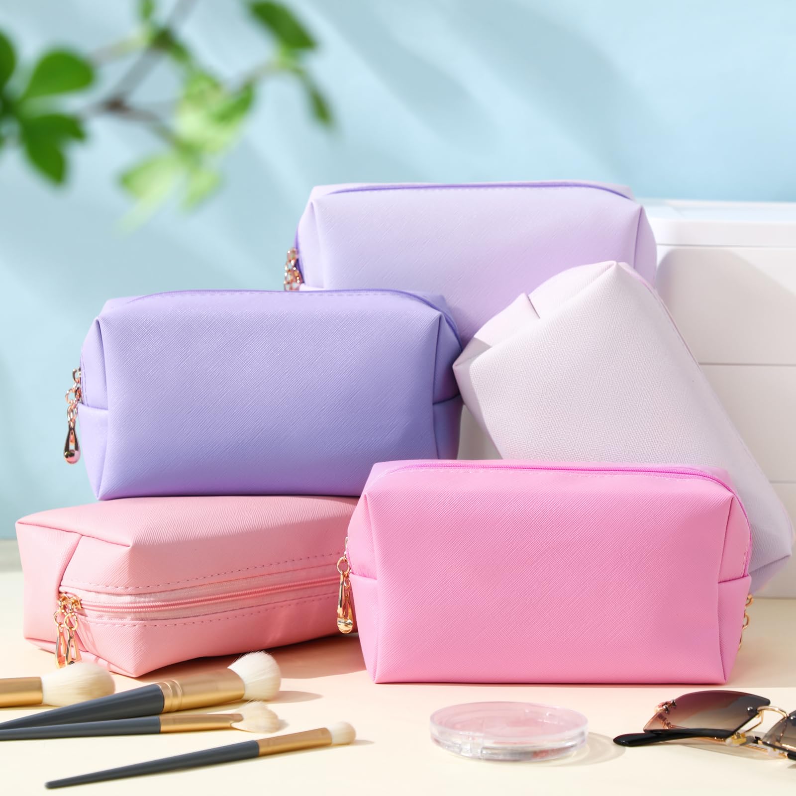 15 Pcs PU Leather Makeup Bags - Waterproof Cosmetic Pouches for Women Travel & Party Gifts (Pink Purple)