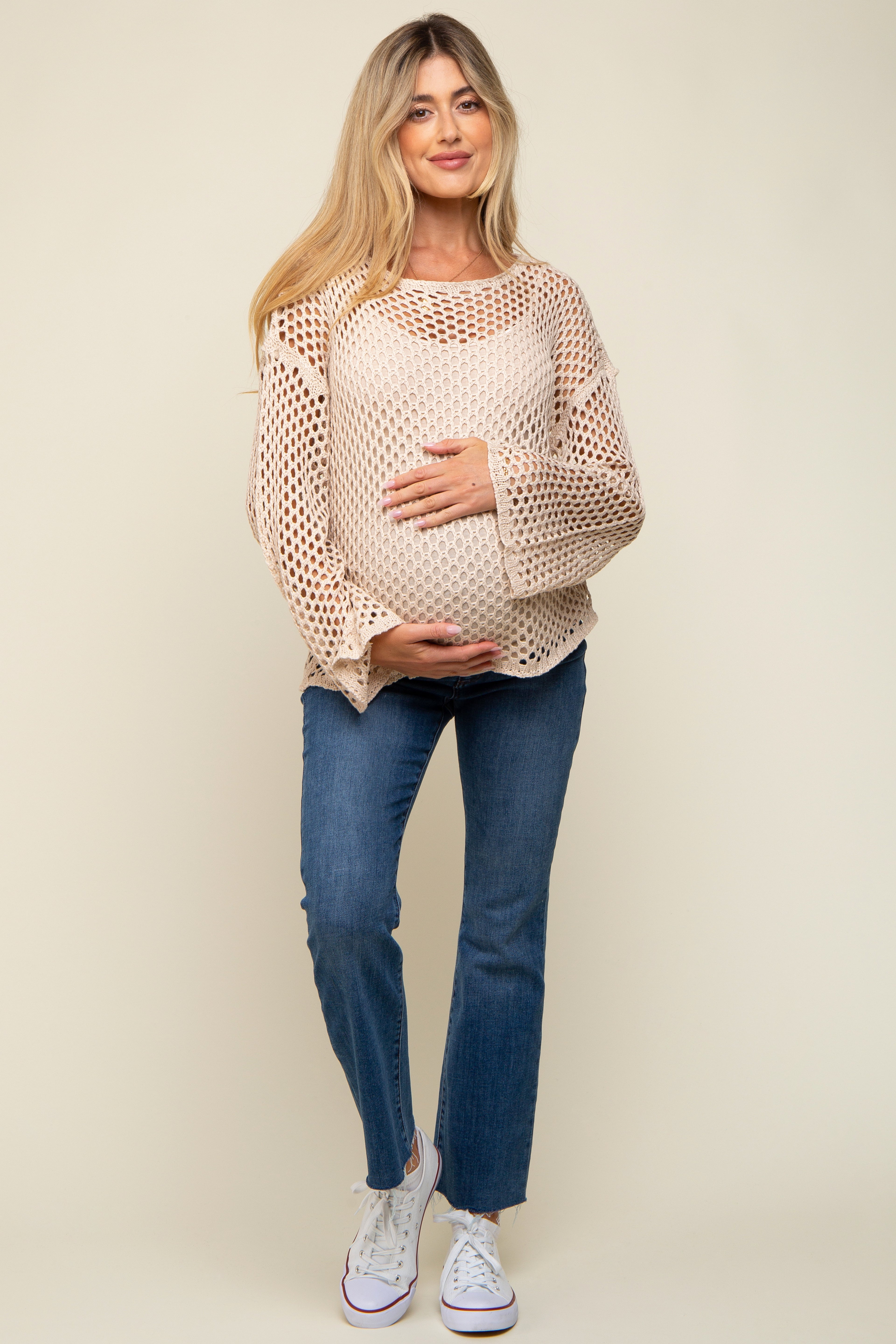 Beige Open Knit Bell Sleeve Maternity Sweater for Women - Soft Comfortable Pregnancy Cardigan - Perfect for Casual Wear, Nursing & Baby Showers