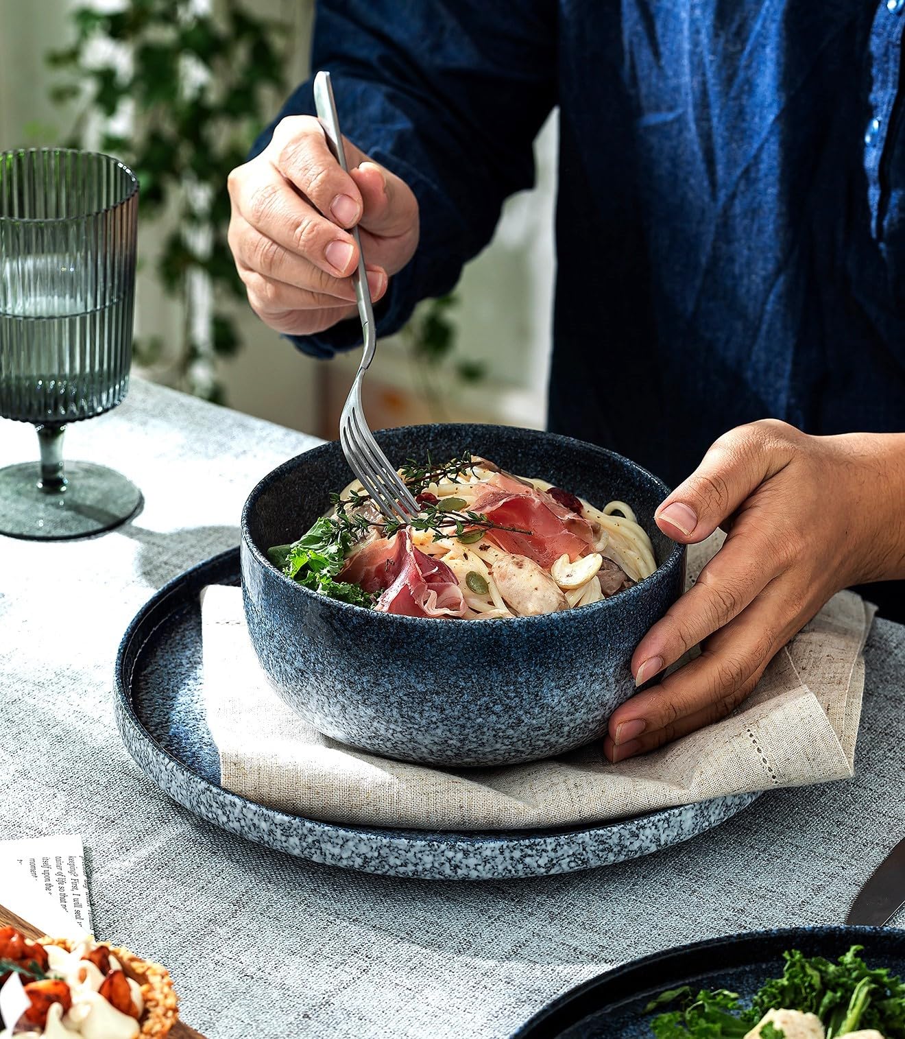 S&Q'S CERAMICS 36oz Ceramic Cereal Bowls Set of 4 - Japanese Style Noodle & Soup Bowls, Microwave & Dishwasher Safe Kitchenware for Breakfast, Oatmeal, Salad - Dark Blue Dinnerware for Home & Restaurant Use