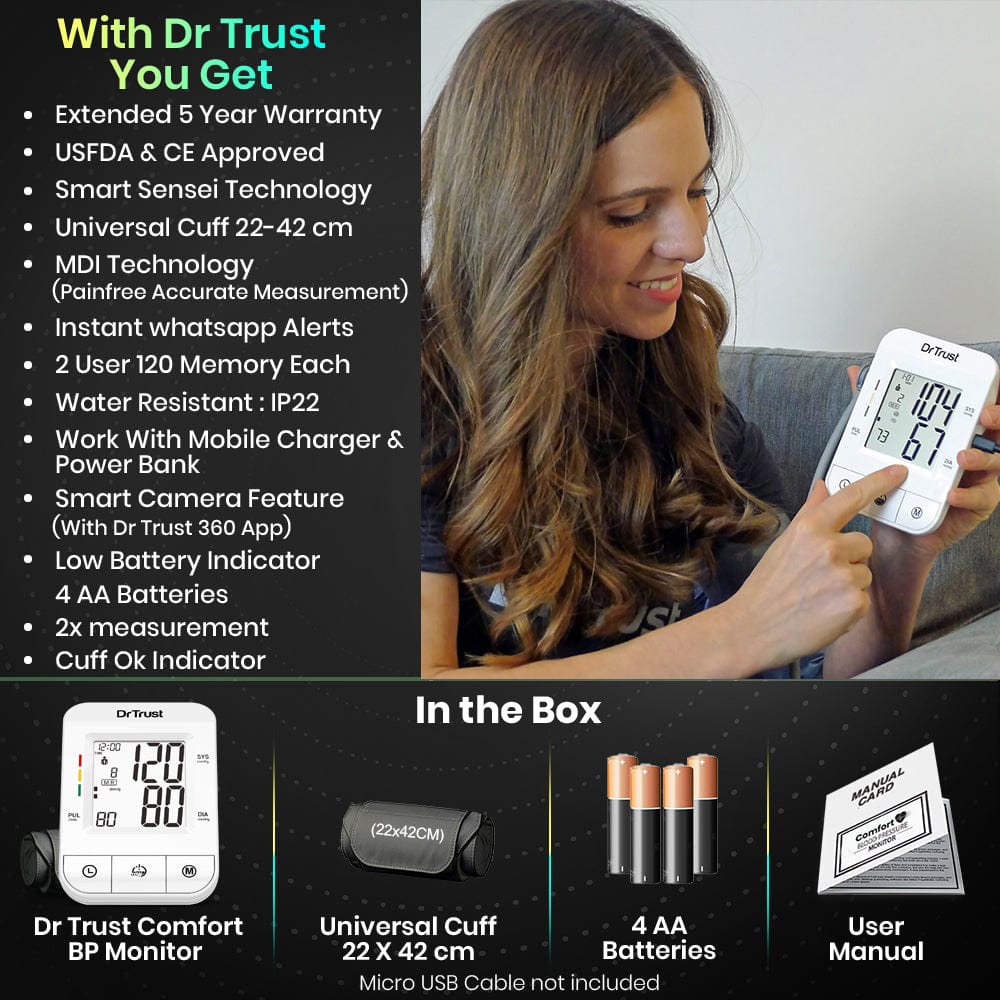 Dr Trust USA BP iCheck Pro Digital Blood Pressure Monitor - Accurate & Easy-to-Use Upper Arm Cuff for Home Health Monitoring - Ideal for Hypertension Patients & Senior Care