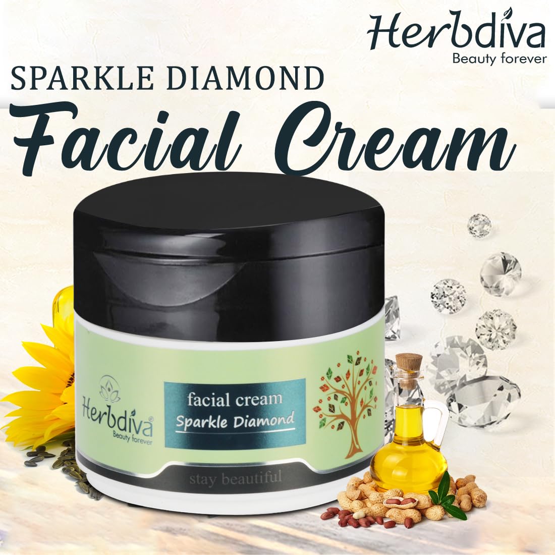 Herbdiva Sparkle Diamond Face Massage Cream 250g - Radiance Boosting, Hydrating & Detoxifying Skincare for All Skin Types | Luxurious Glow Treatment for Daily Facial Care & Spa Nights