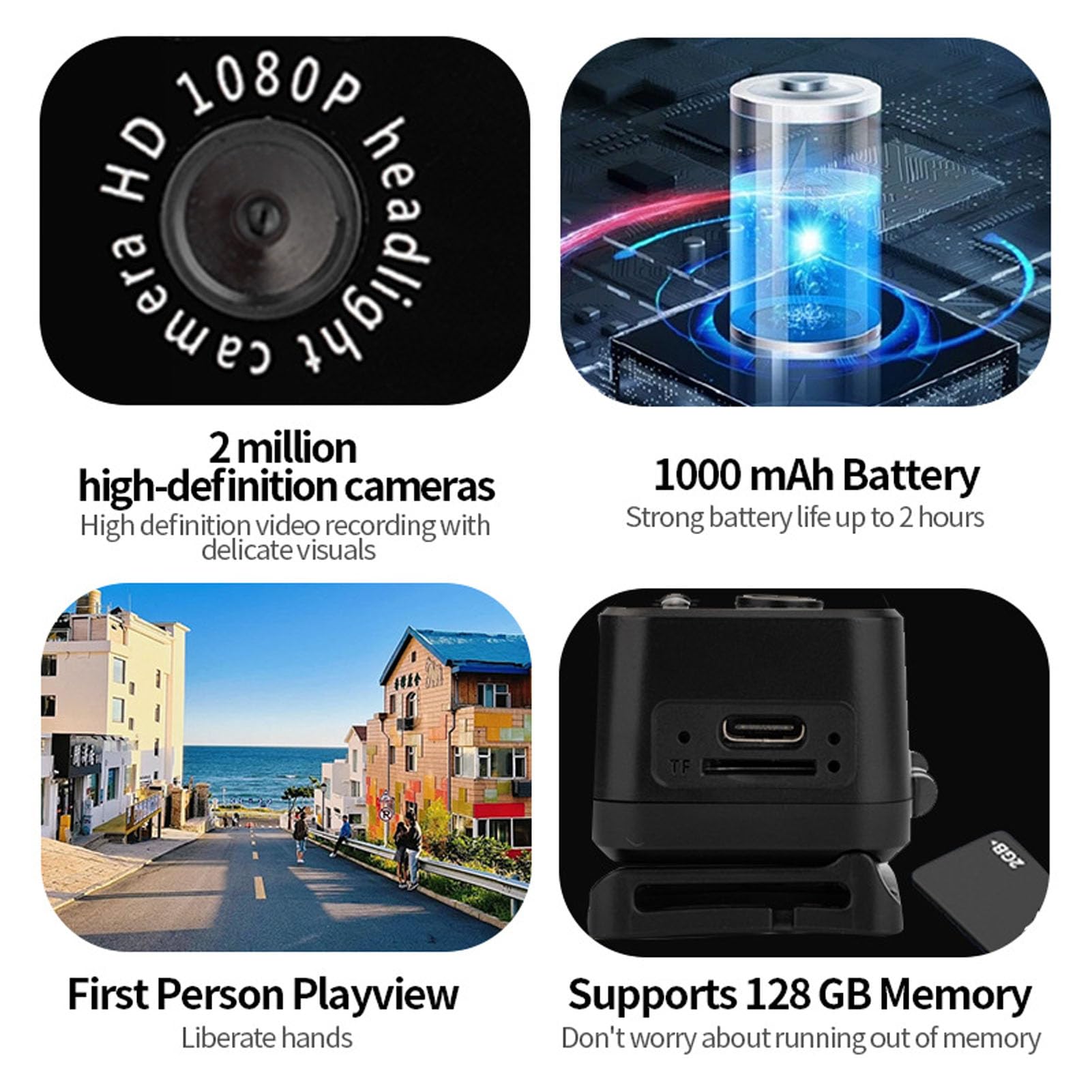 Xiuganpo 1080P HD Action Camera with 45° Adjustable LED Headlamp - Rechargeable Wearable Body Camera for Outdoor Camping, Night Reading, Vehicle Repairs & Emergency Work