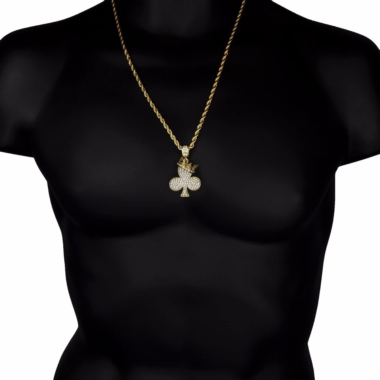 24K Gold Plated Iced King Crown Clover Pendant with 4mm 24