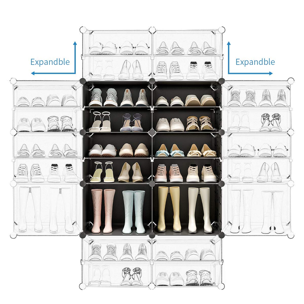 KOUSI 48 Pair Expandable Shoe Rack Organizer - 8 Tier Tower Shelf Storage Cabinet for Heels, Boots & Slippers | Space Saving Closet Organizer for Bedroom, Entryway & Dorm (Black)