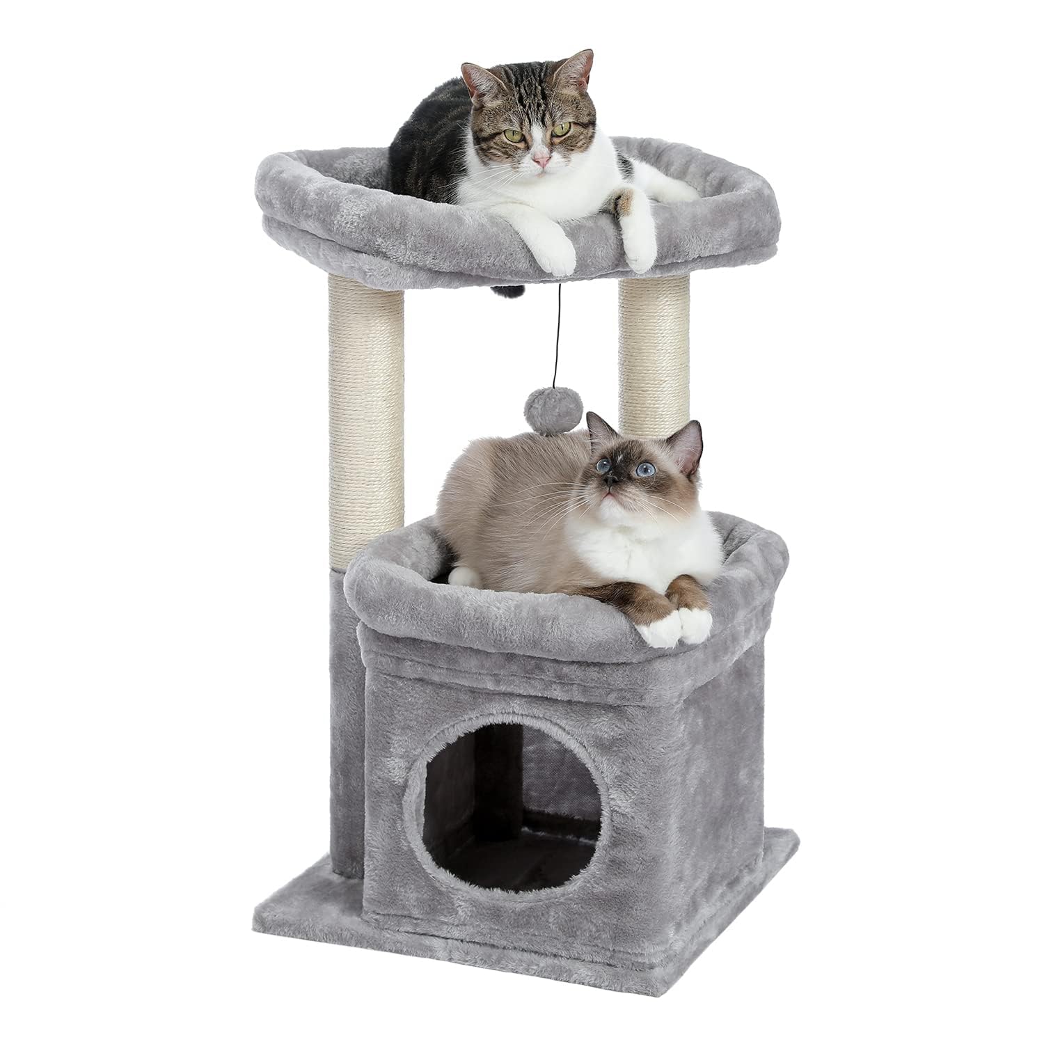 PAWZ Road Multi-Level Cat Tree with Sisal Scratching Post, Soft Cat Condo & Plush Pompom - Grey Indoor Cat Tower for Play, Rest & Climbing | Perfect for Small Spaces & Kitty Exercise