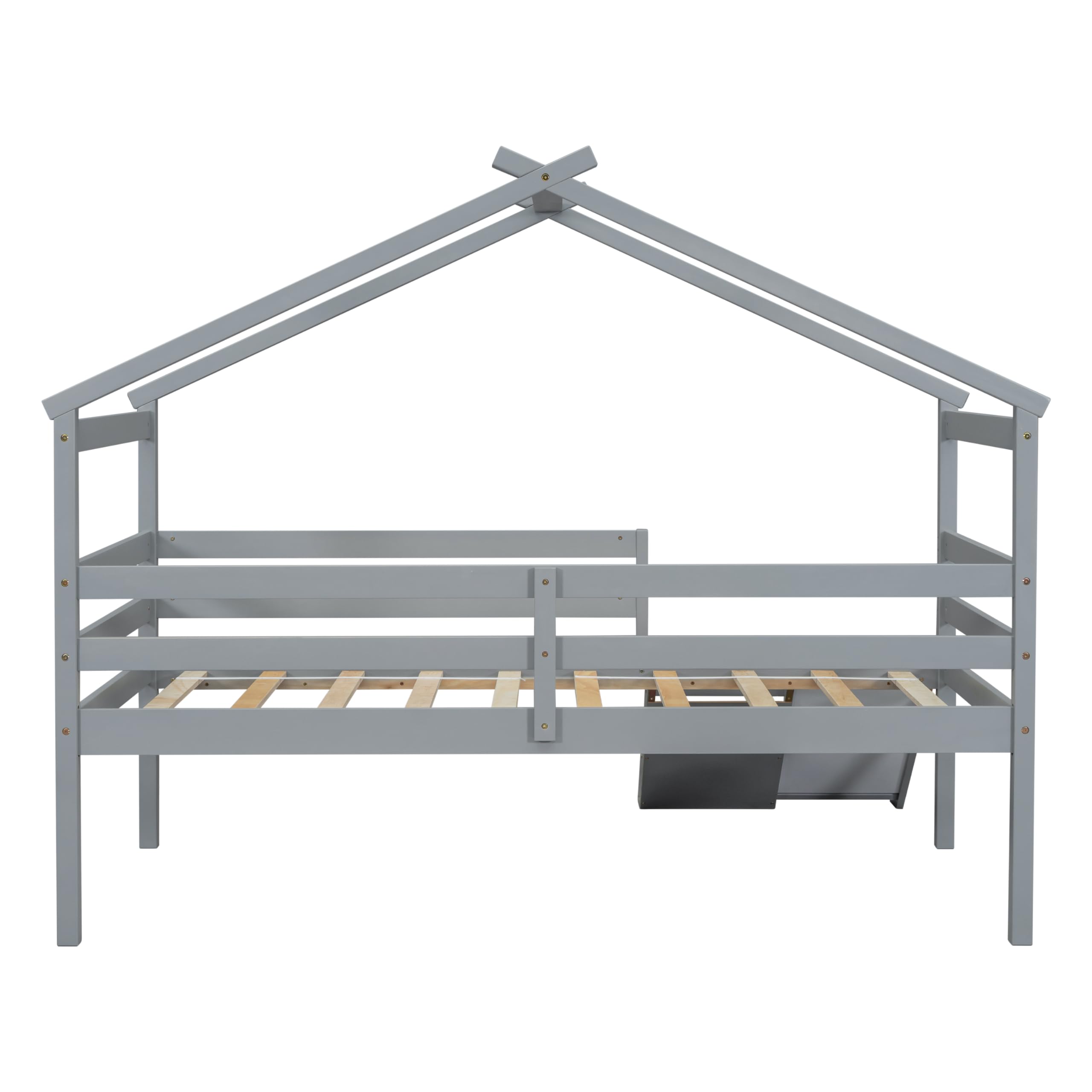 Bellemave Twin Size Low Loft Bed for Kids with Slide & Ladder - Solid Wood House Loft Bed with Safety Guardrails for Boys & Girls (Grey) - Perfect for Small Bedrooms, Playrooms & Kids' Spaces