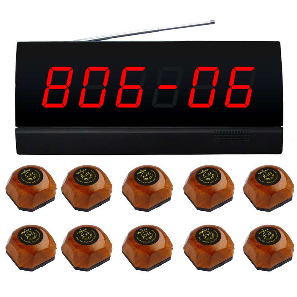 SINGCALL Wireless Calling System for Bathroom & KTV - Easy to Use with 1 Display & 10 Brown Call Buttons | Home, Restaurant, Hotel, Spa Communication Solution