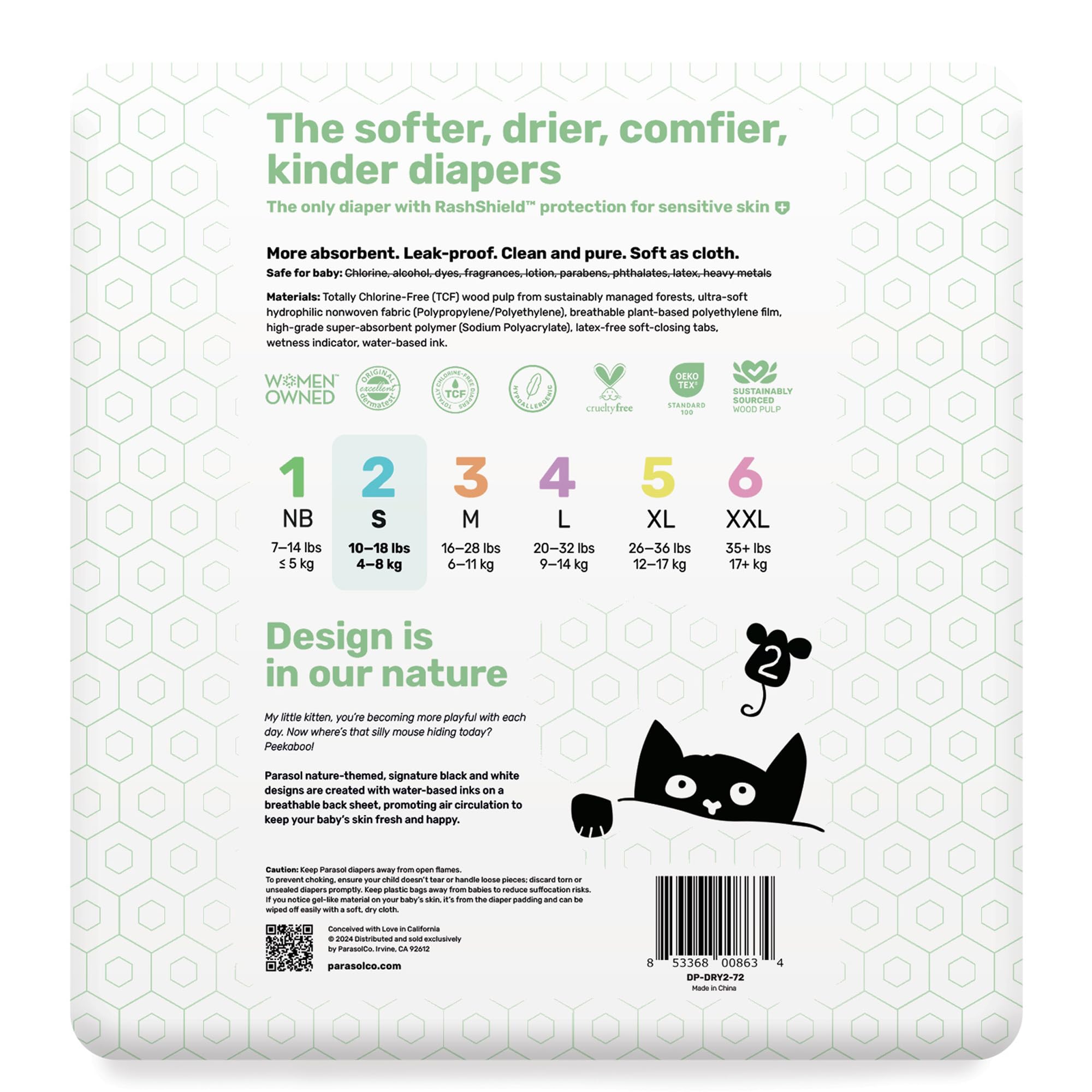 PARASOL Clear+Dry Disposable Baby Diapers | RashShield Protection, Leakproof Design, Hypoallergenic Diaper Set | Size 2 (10-18 lbs) 288 Count | Perfect for Newborns, Daycare & Overnight Use