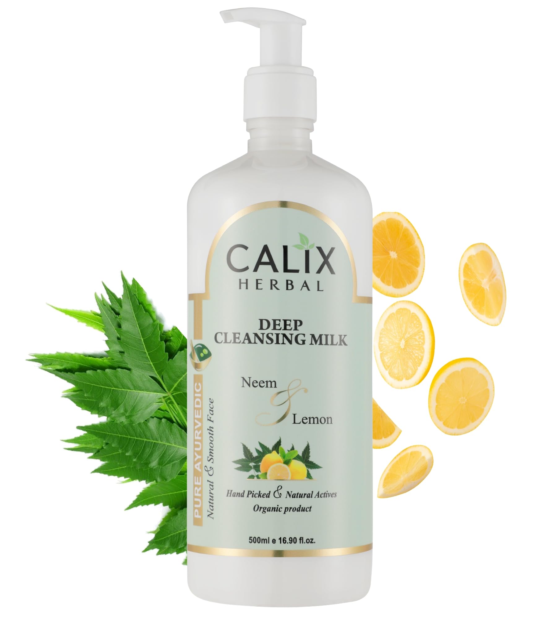 Calix Herbal Pure Organic Deep Cleansing Milk with Neem & Lemon | Natural Ayurvedic Face Cleanser for All Skin Types | 500ml | Gentle Daily Cleansing for Glowing Skin | Perfect for Morning & Night Skincare Routine