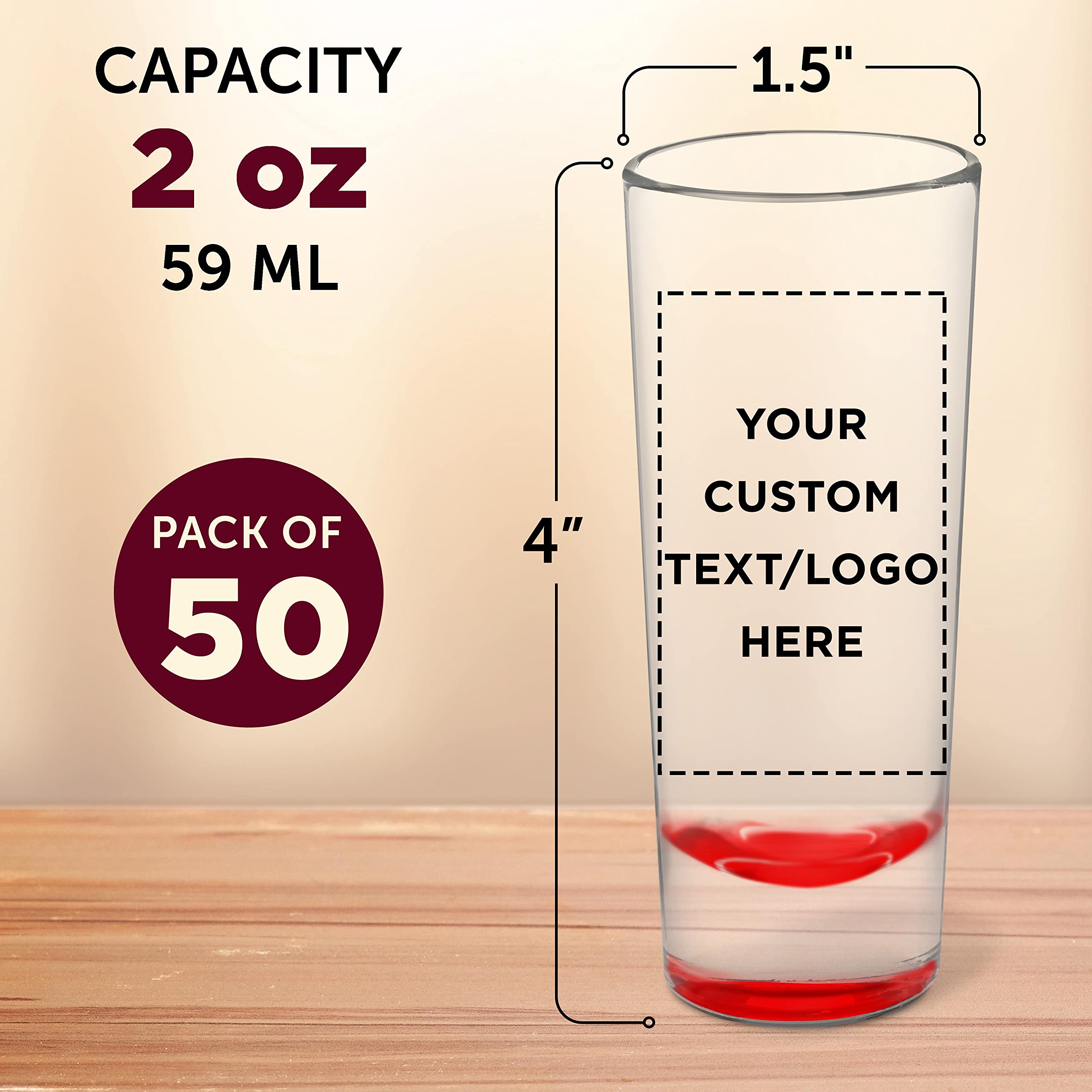 Custom 2 oz Cordial Shot Glasses Set of 50 - Personalized Bulk Pack for Parties, Weddings & Events - Durable Red Glassware for Bars, Restaurants & Home Entertaining